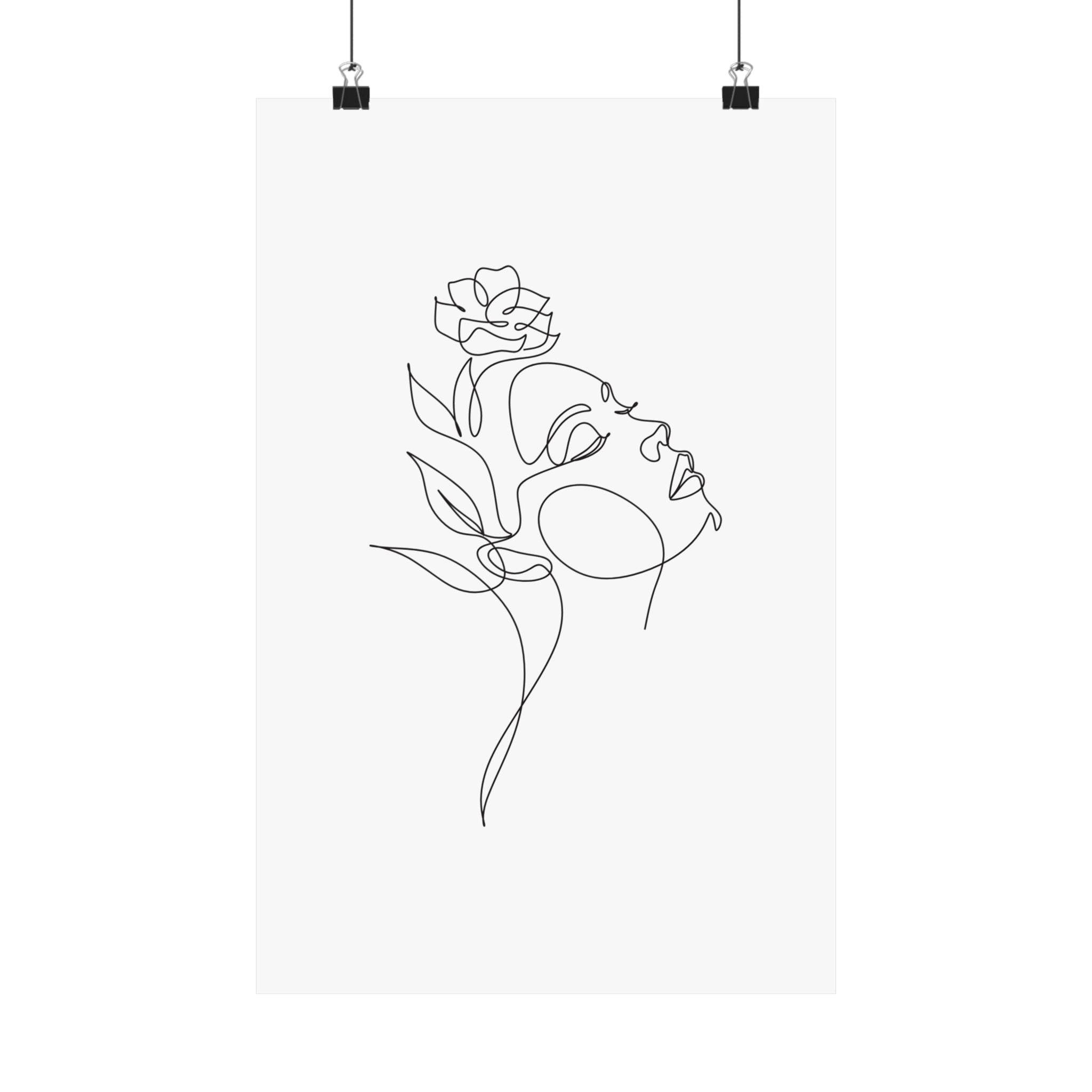 Minimalist line art poster of a face with a rose printed on eco-friendly matte posters by Printify