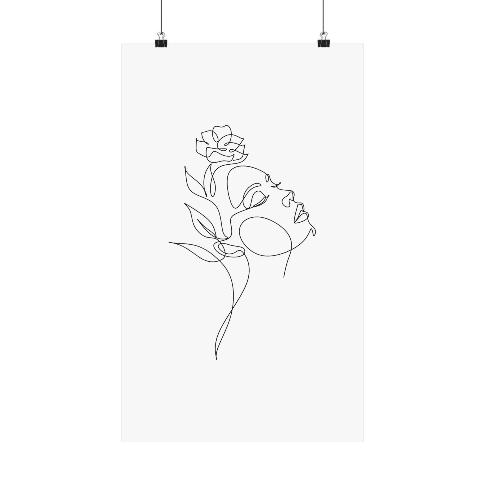 Minimalist line art poster of a woman with a flower printed on eco-friendly matte posters by Printify