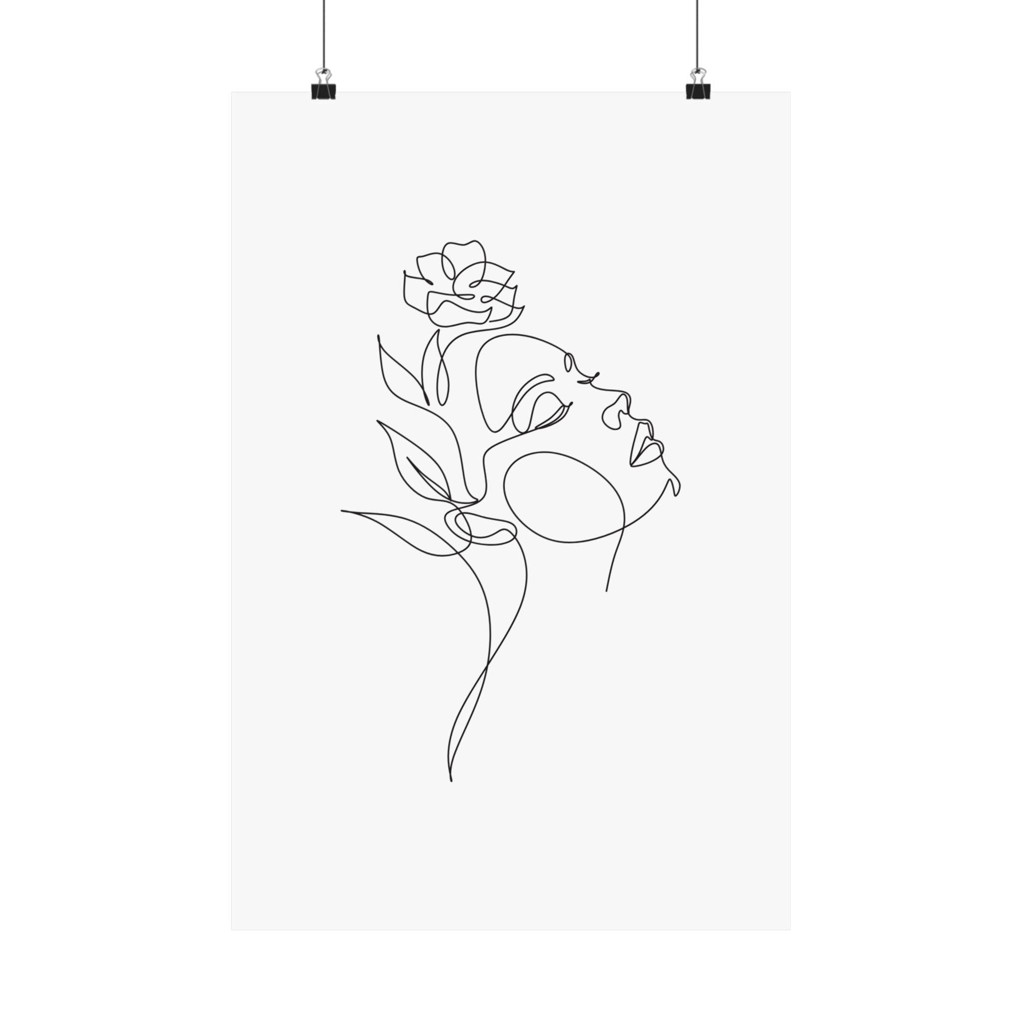 Minimalist line art poster of a woman's face with a flower in black on white eco-friendly matte posters from Printify