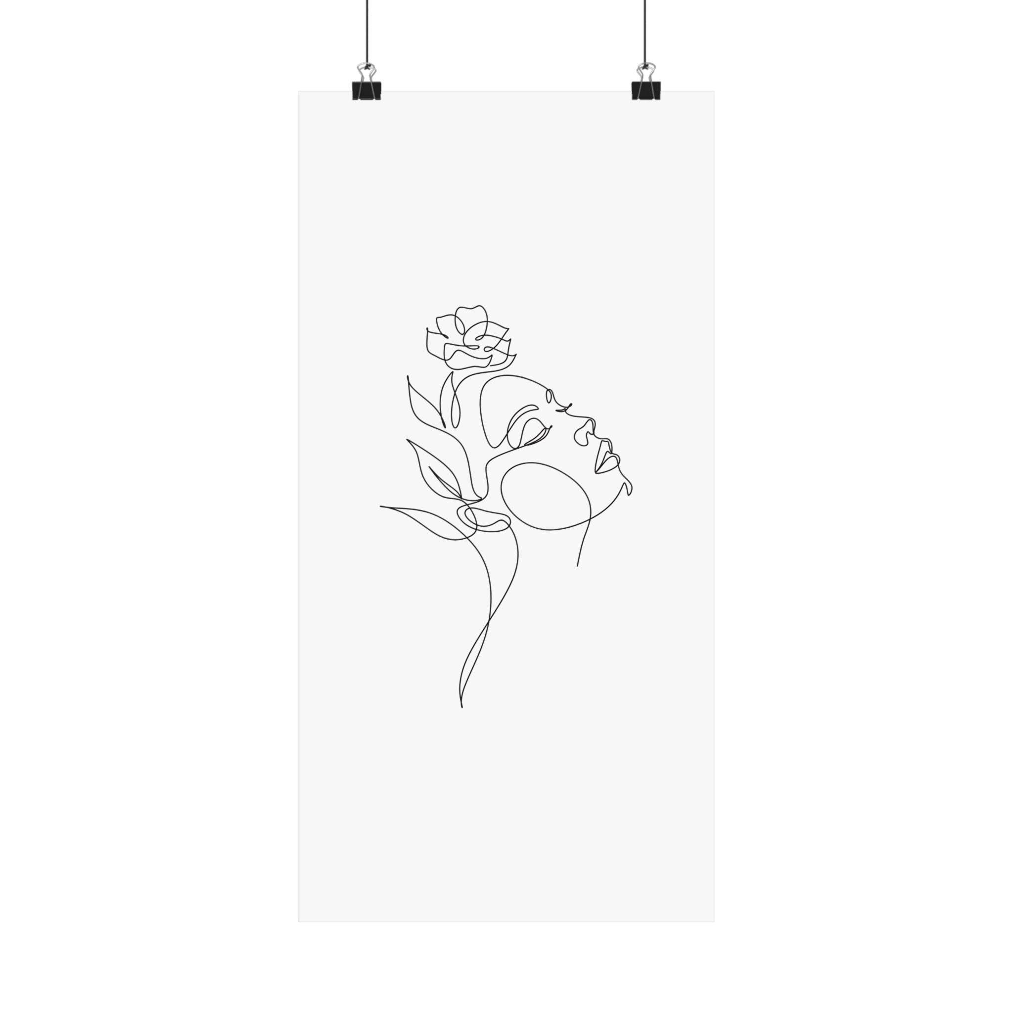 Minimalist line art poster of a woman with a flower on her head eco-friendly matte posters by Printify