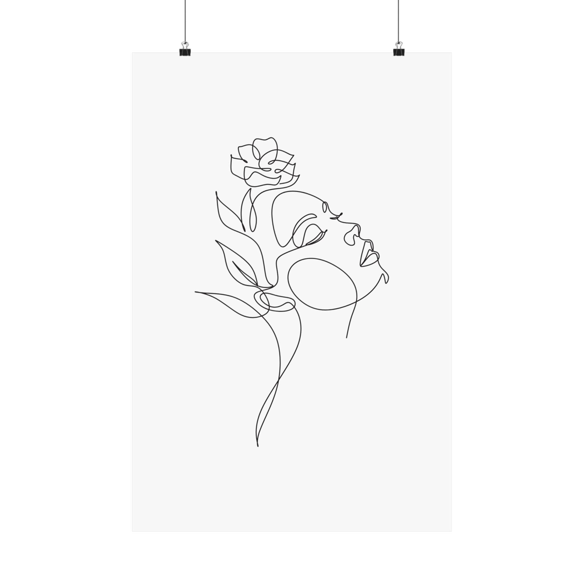 Printify eco-friendly matte posters featuring minimalist continuous line art of a woman's face with a rose