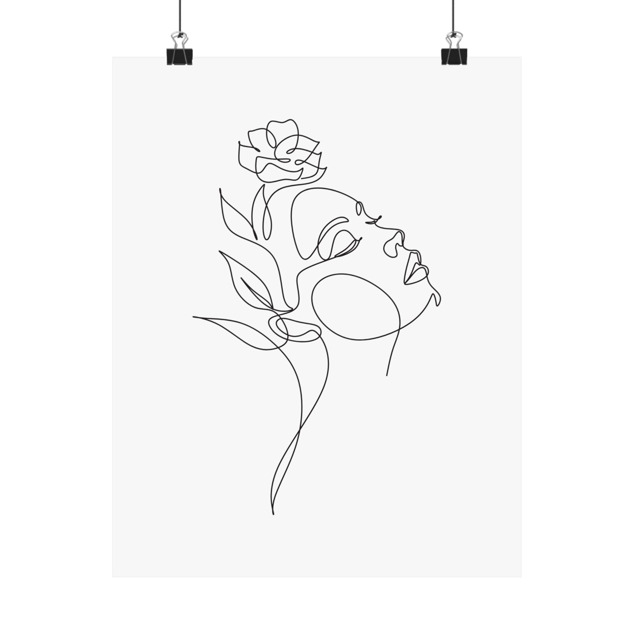 Printify eco-friendly matte posters featuring a minimalist line art of a face with a flower