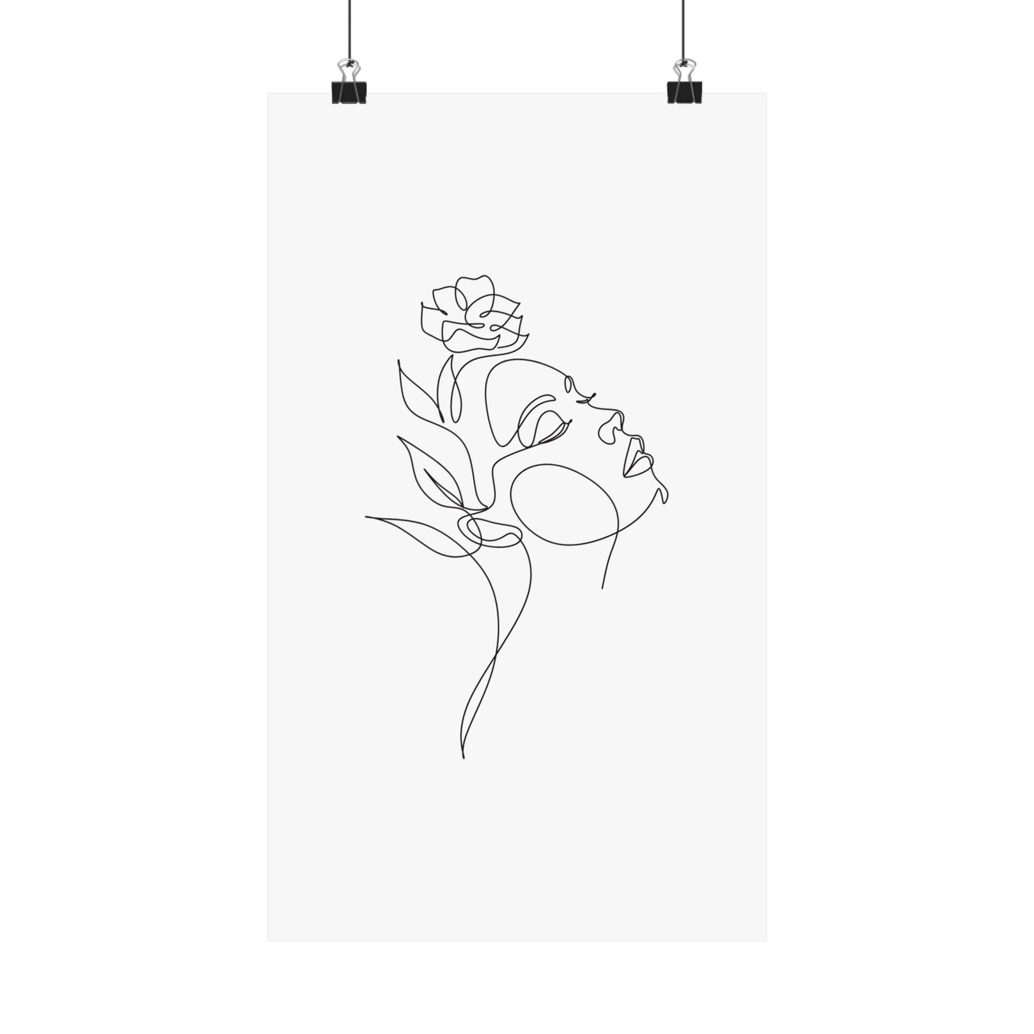 Minimalist line art poster of a woman with a flower in profile printed on eco-friendly matte posters by Printify
