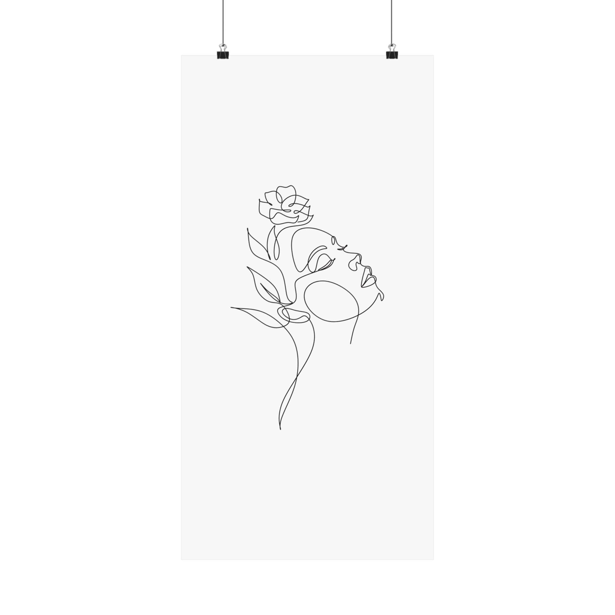 Printify eco-friendly matte posters featuring minimalist line art of a woman's face with floral elements