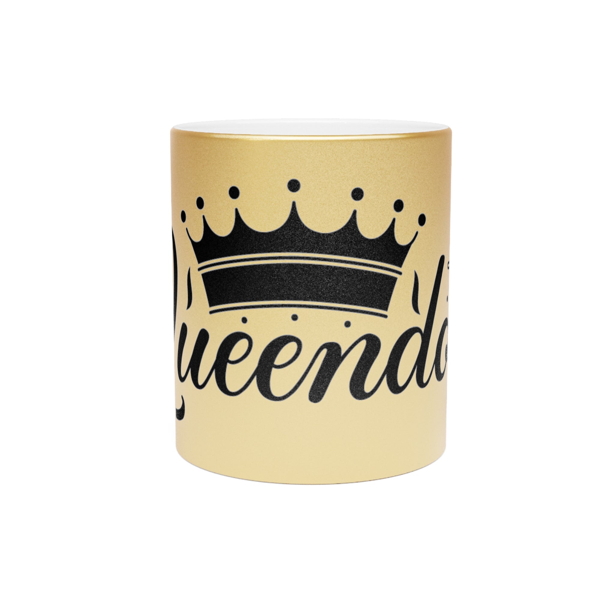 Gold eco-friendly metallic mug by Printify with black crown and queendo design