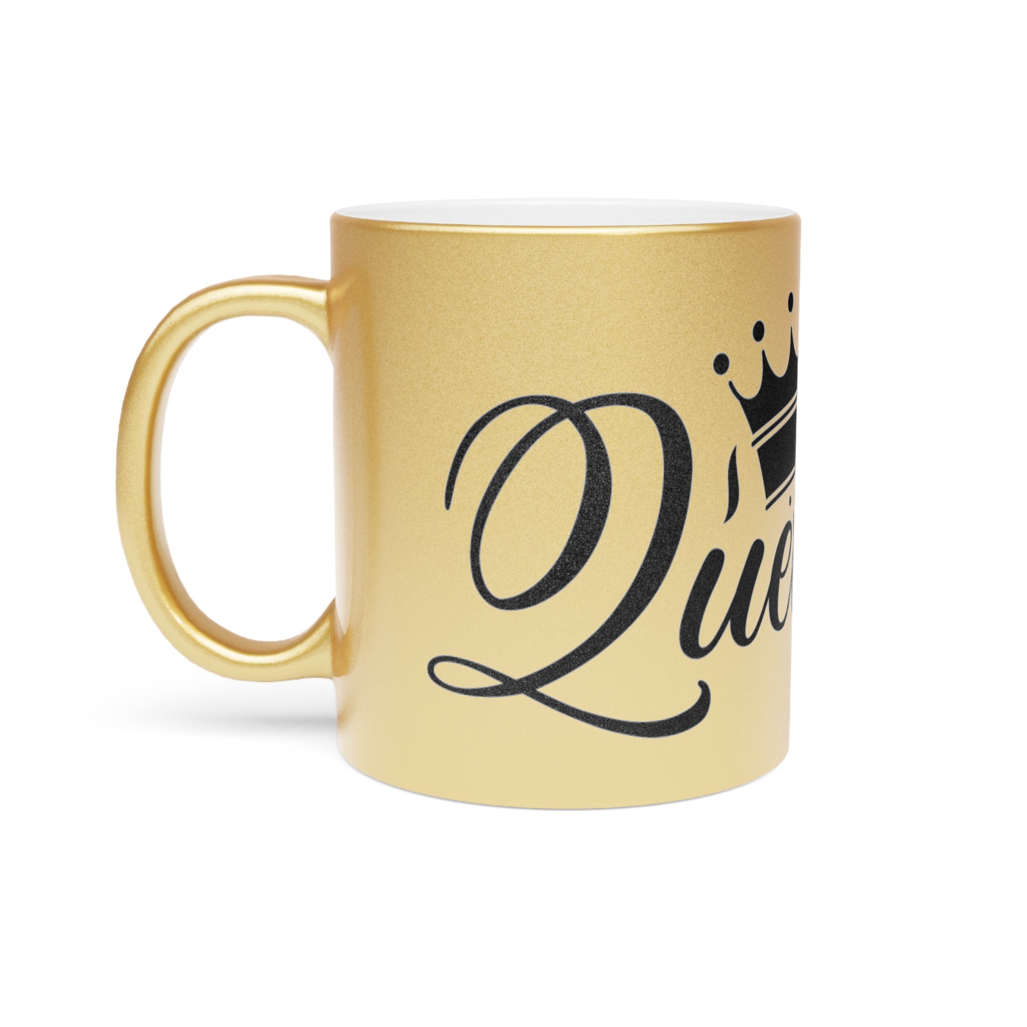Printify eco-friendly metallic mug in gold with Queen text and crown design