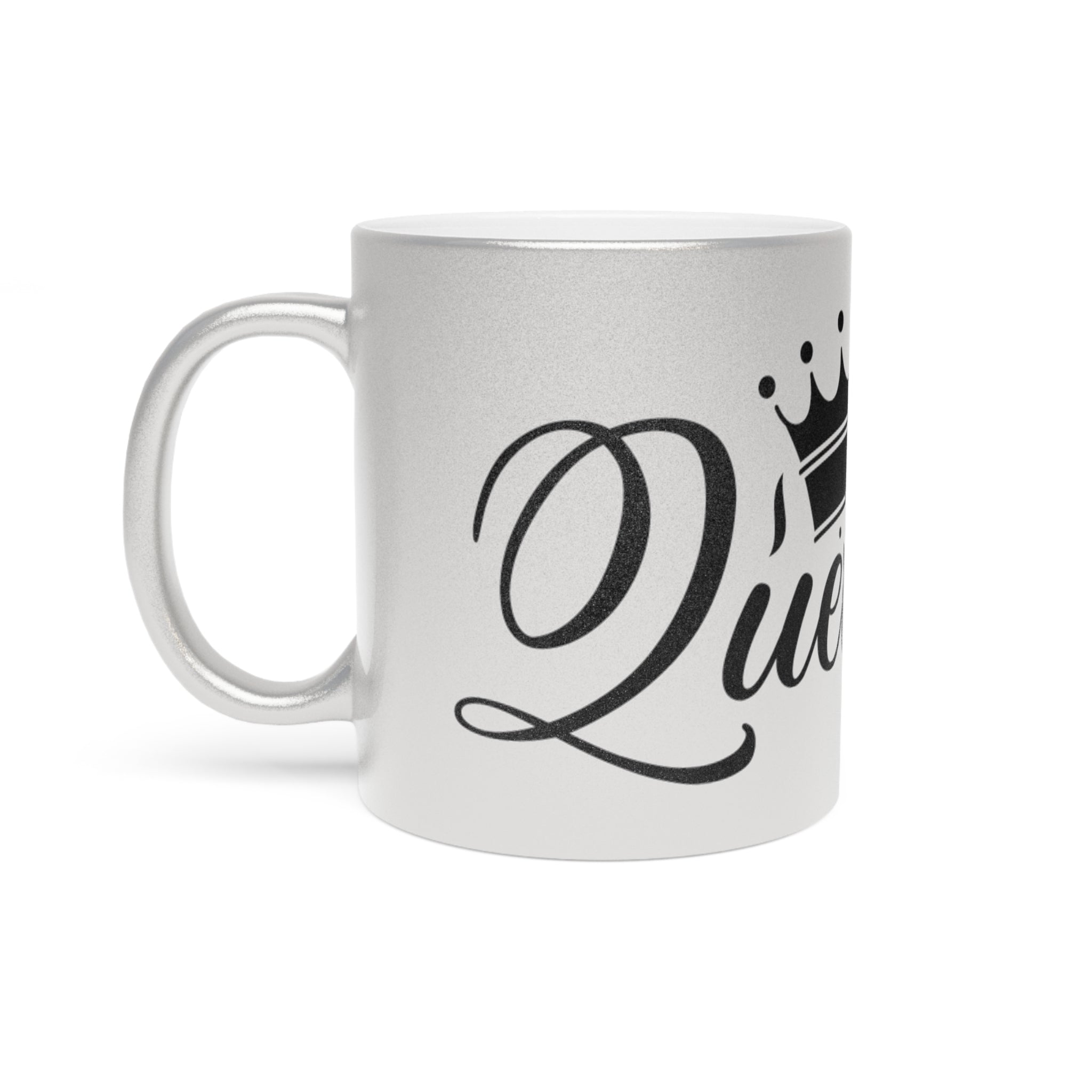 Printify eco-friendly metallic mug with silver finish and black queen text design