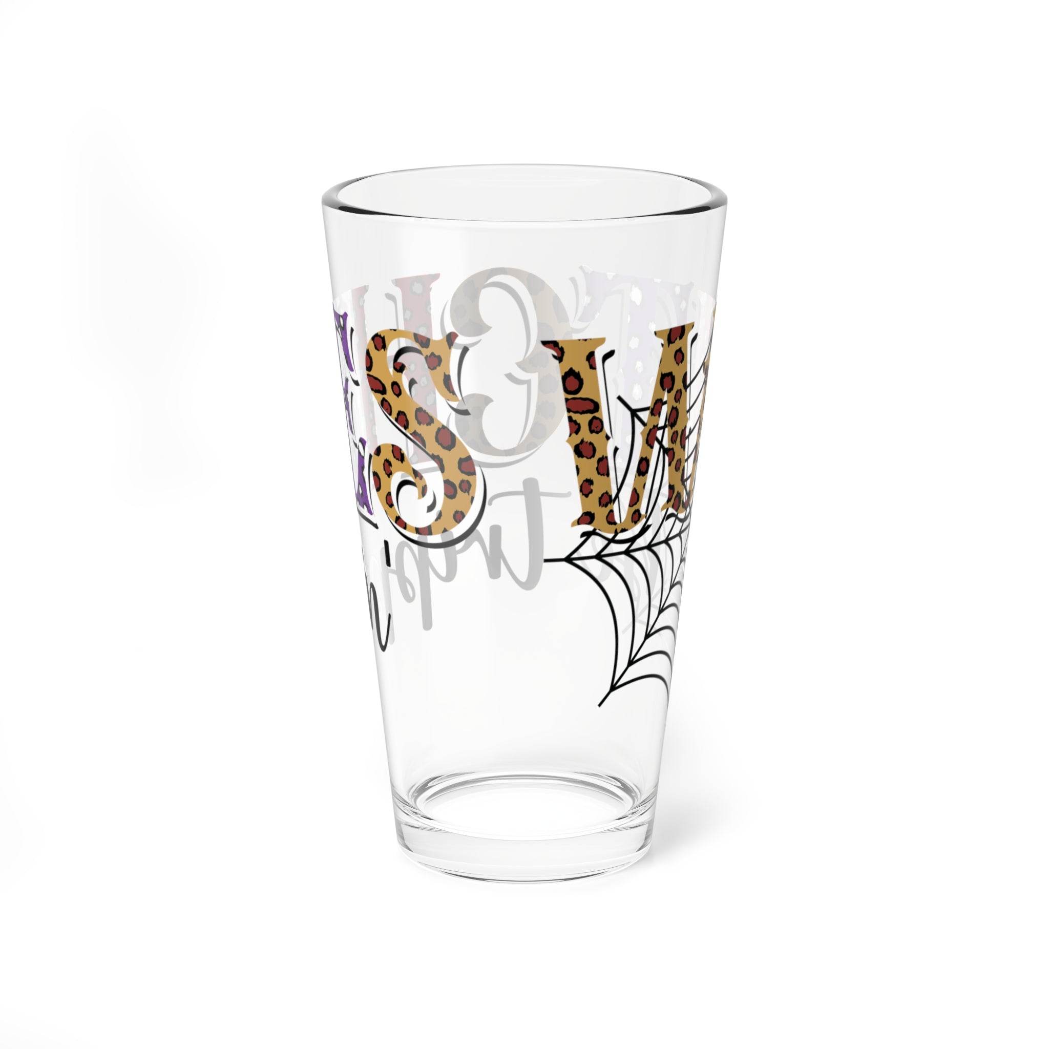 Printify eco-friendly mixing glass with Halloween-themed leopard print letters and spider web design