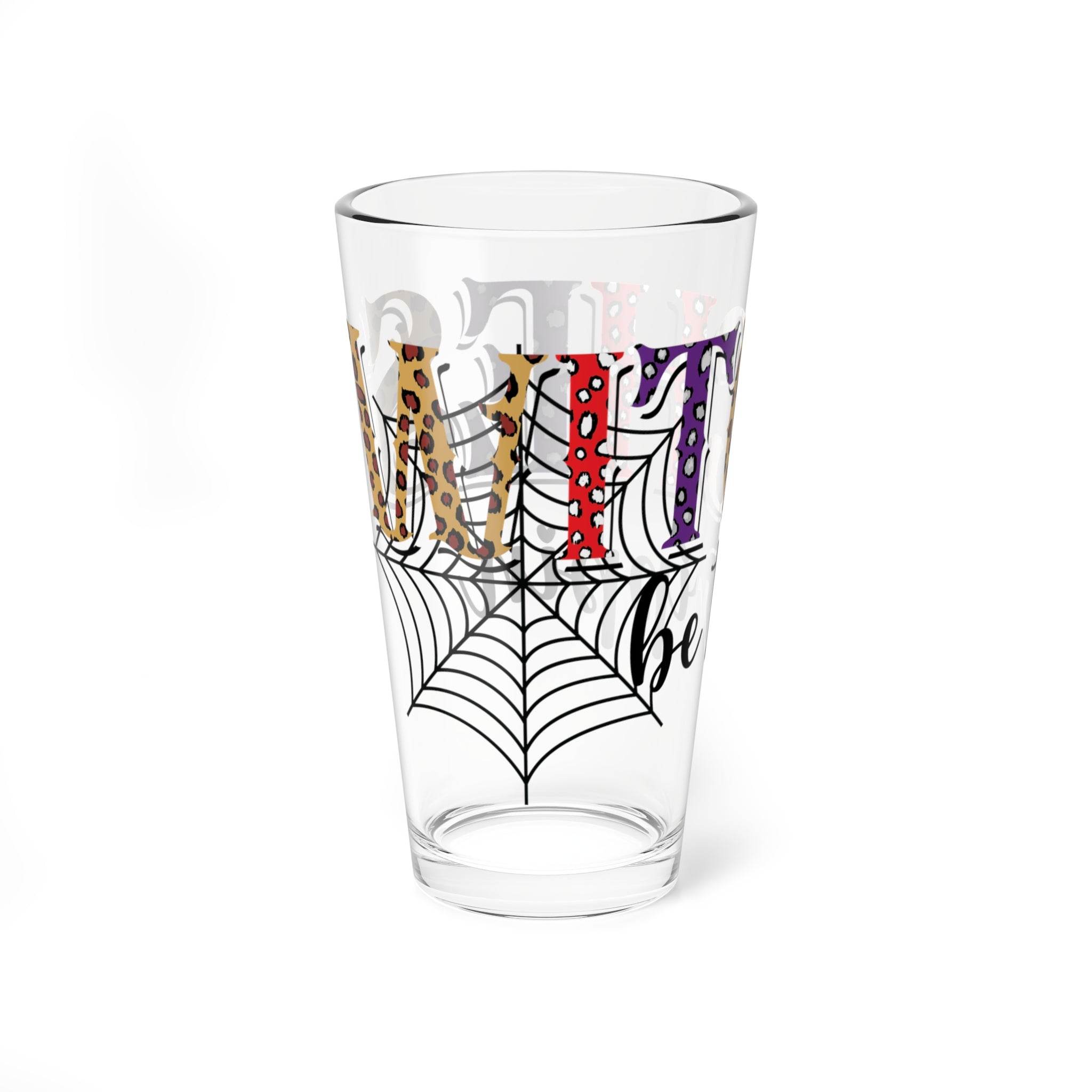 Printify eco-friendly mixing glass with colorful Halloween-themed design and spider web graphic