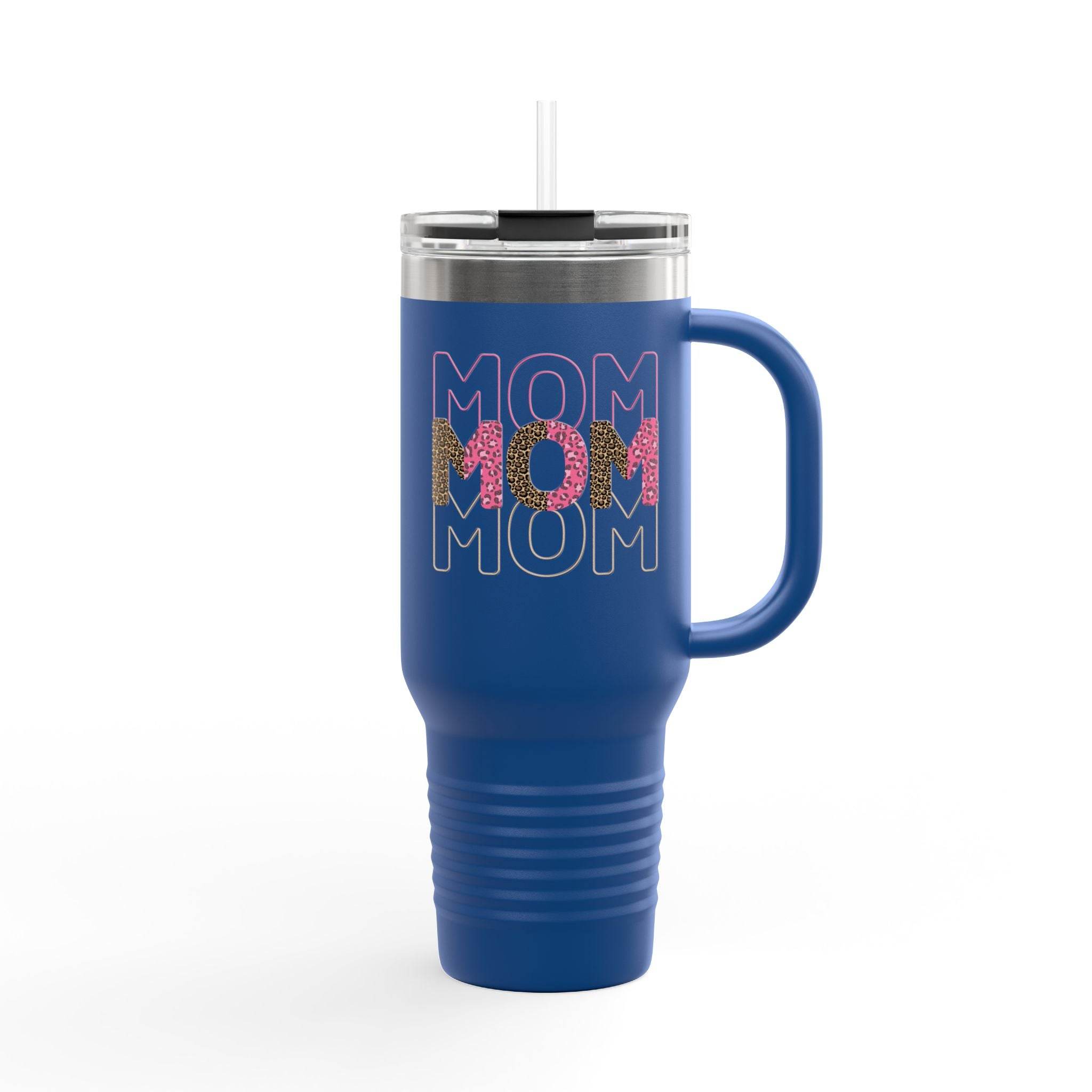 Blue eco-friendly mom travel mug with handle and clear lid featuring colorful mom text design
