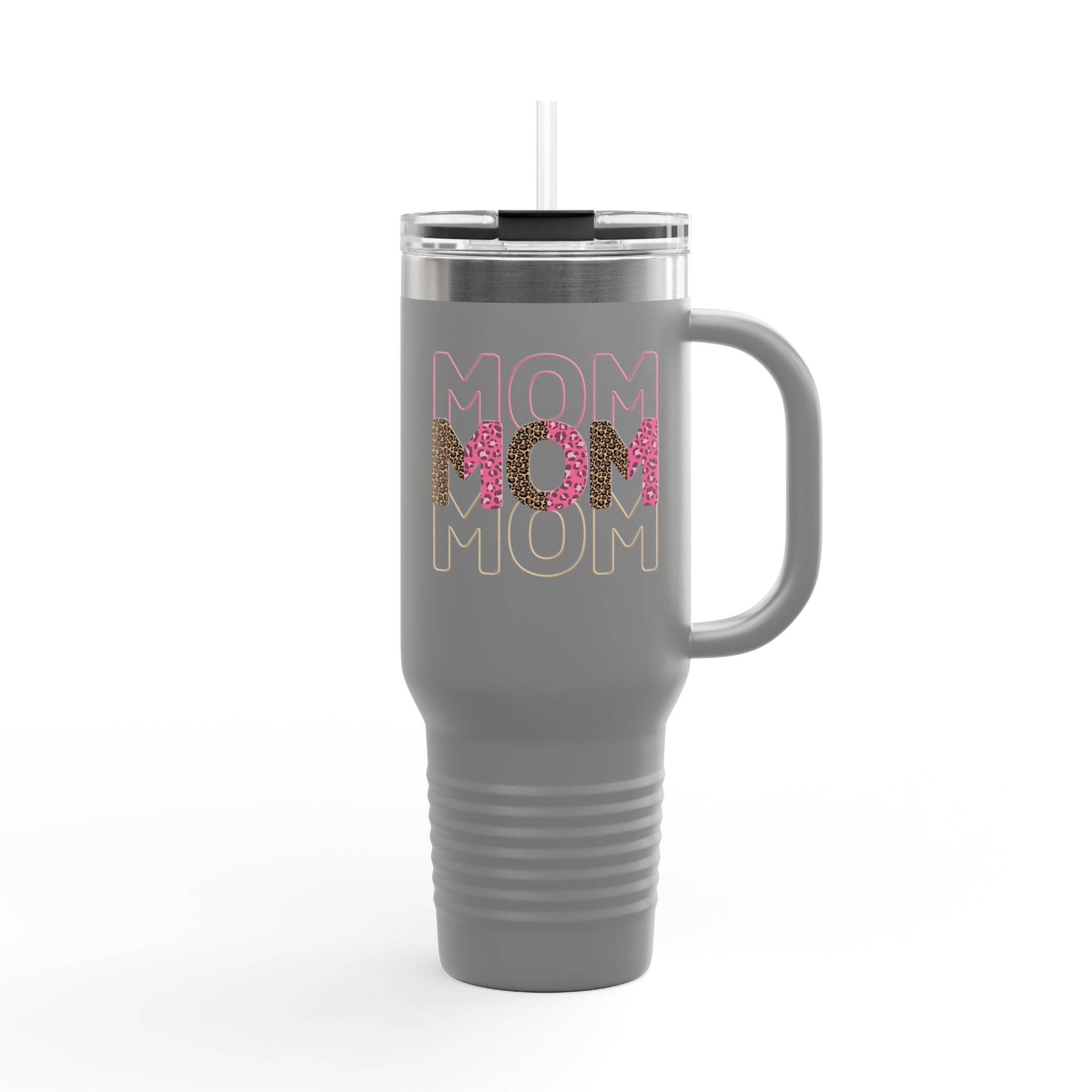 Printify eco-friendly mom travel mug in gray with handle and colorful MOM text design