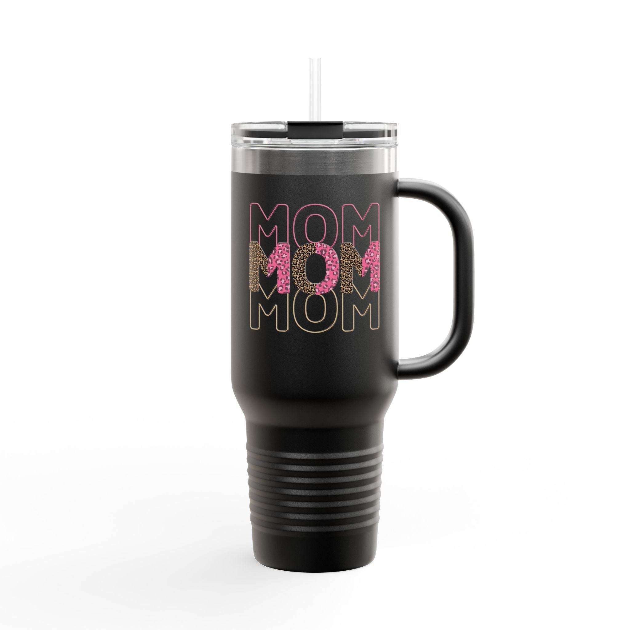 Printify black eco-friendly mom travel mug with handle and colorful MOM text design