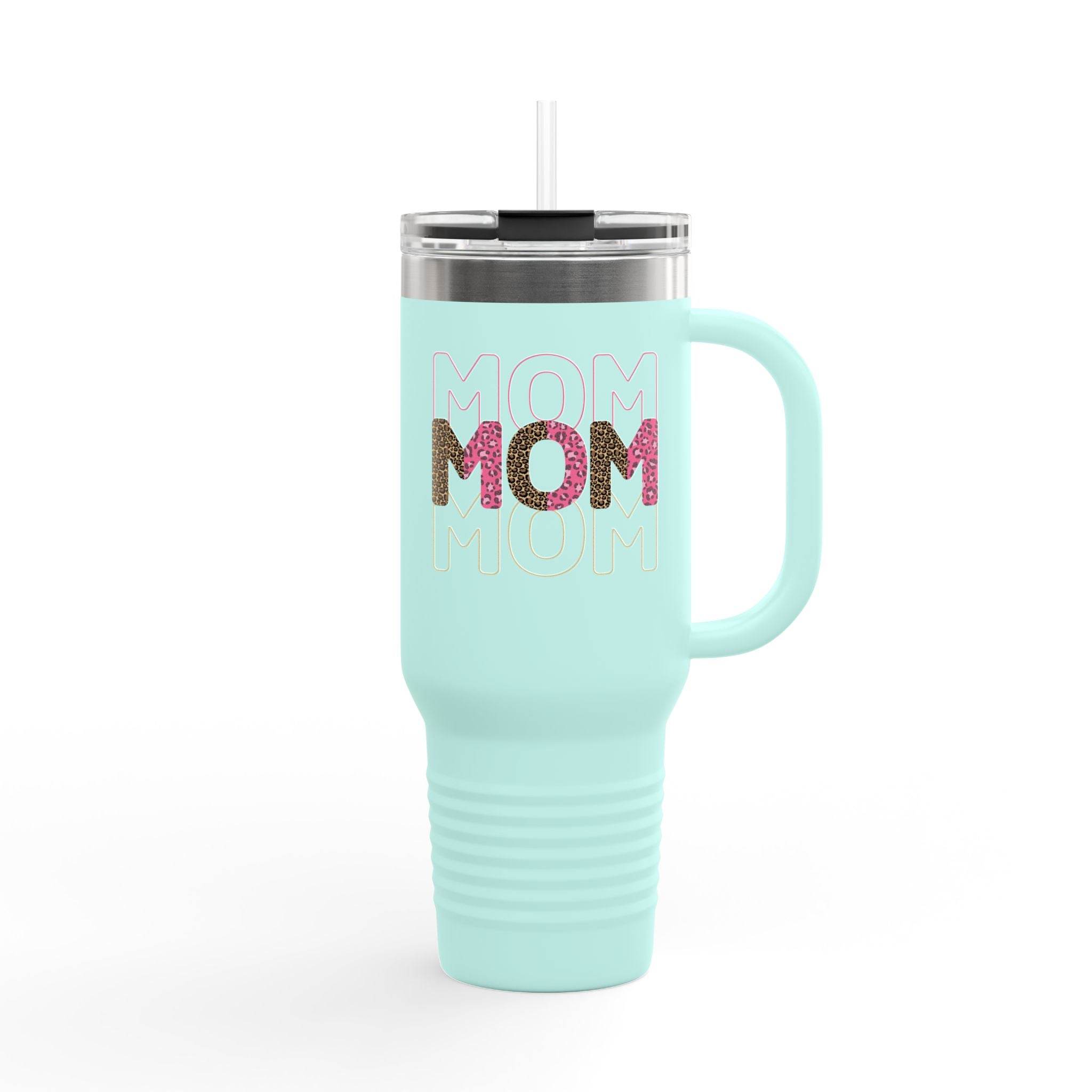 Printify eco-friendly mom travel mug in light blue with glitter mom text and clear lid with straw