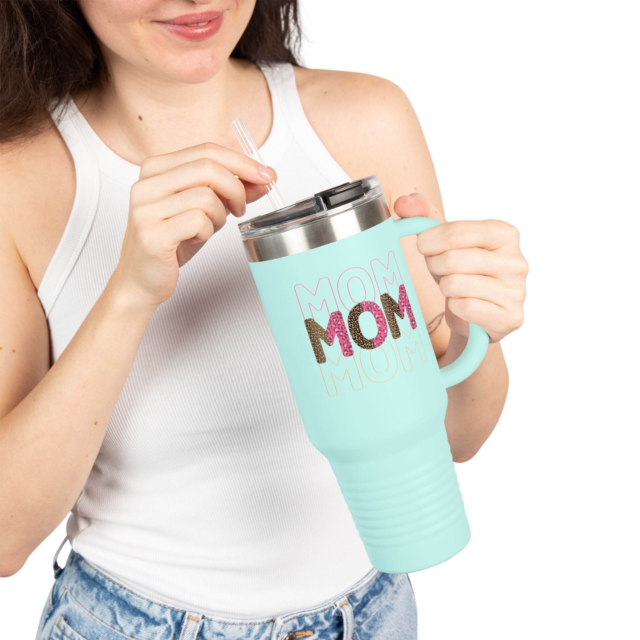 Printify eco-friendly mom travel mug in light blue with handle held by woman in white tank top
