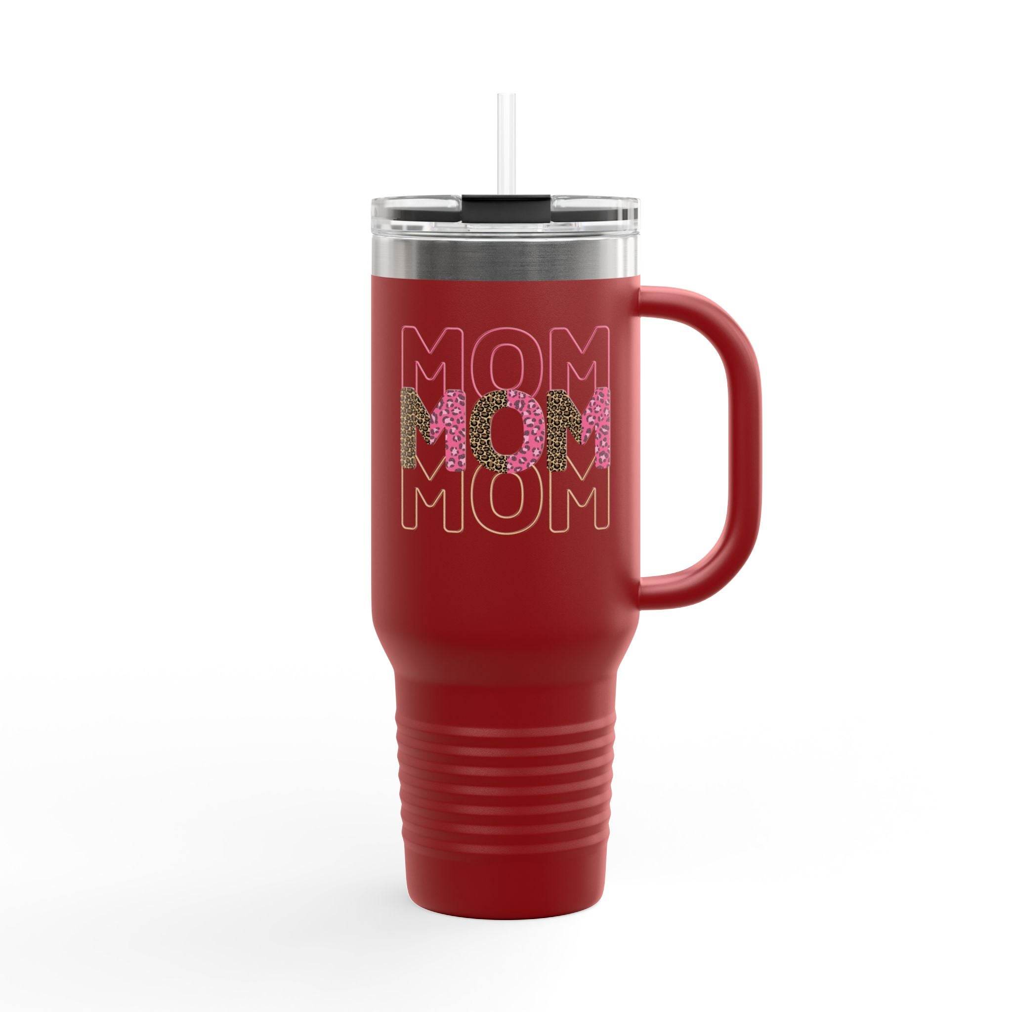 Red eco-friendly mom travel mug with double handle and clear lid featuring mom text design