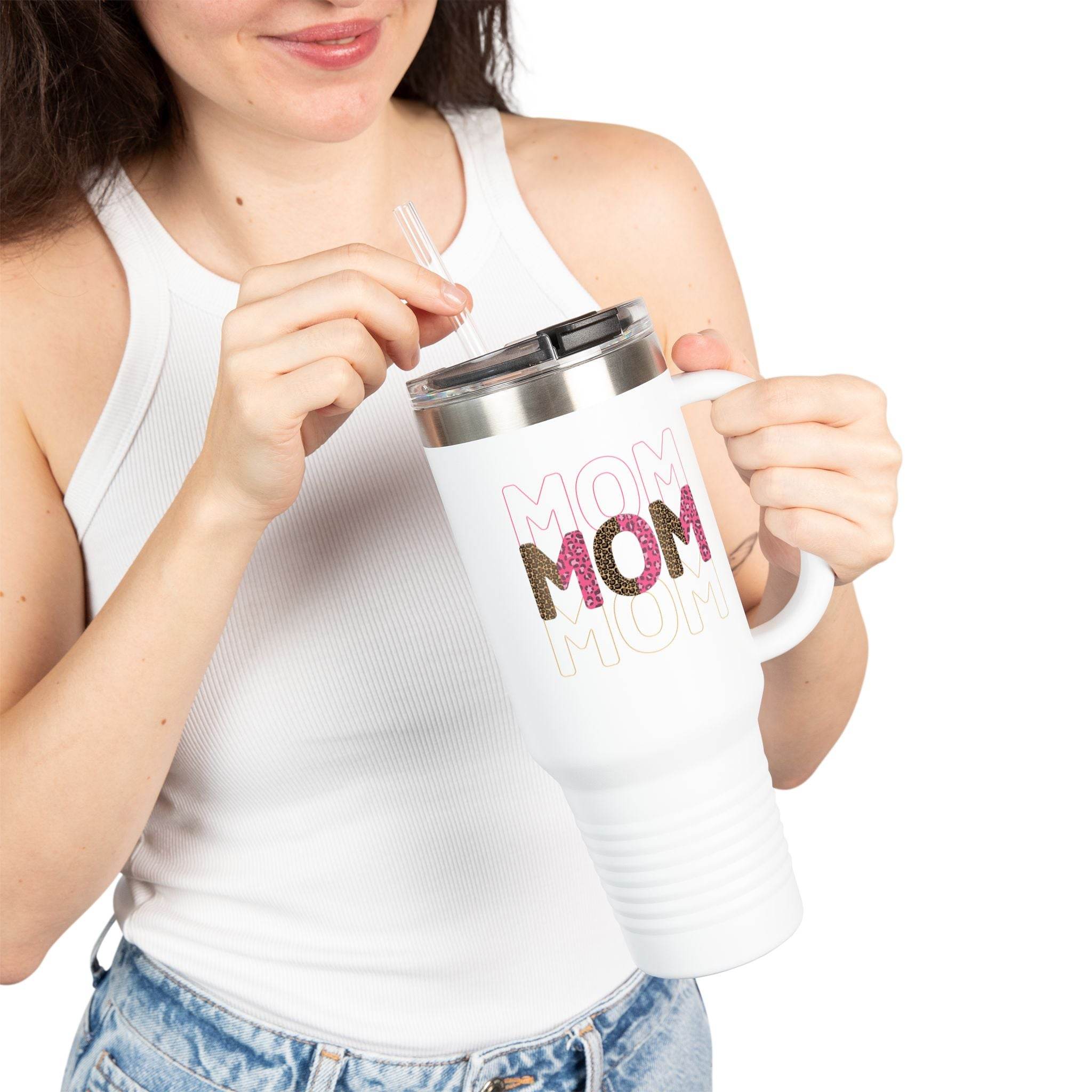Eco-friendly mom travel mug by Printify held by woman wearing white tank top and jeans