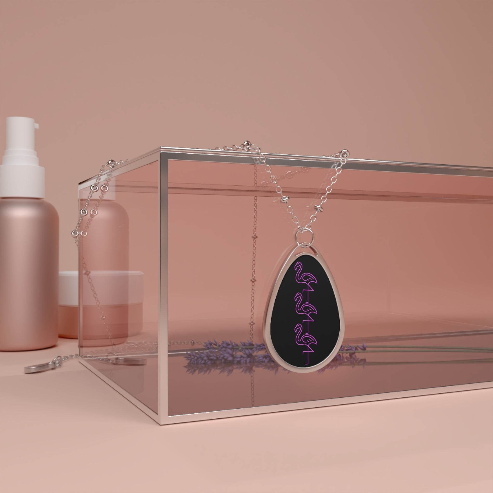 Printify eco-friendly neon necklace with purple flamingo design on black teardrop pendant