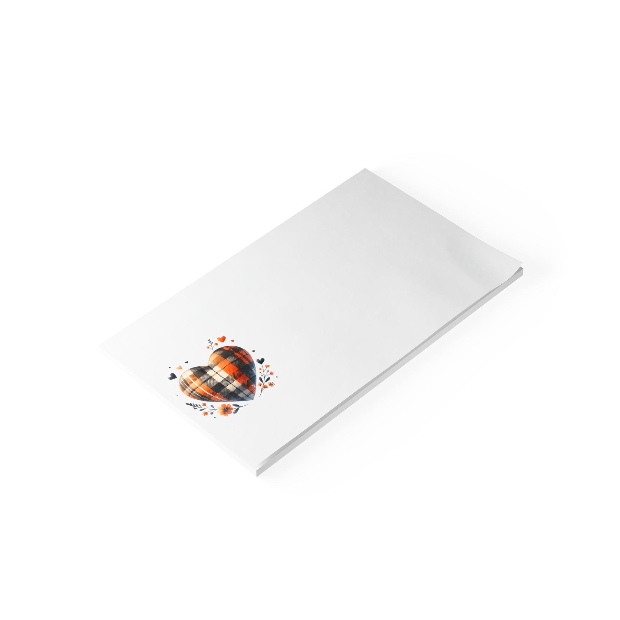 Printify eco-friendly note pads with a white cover and plaid heart design on the corner