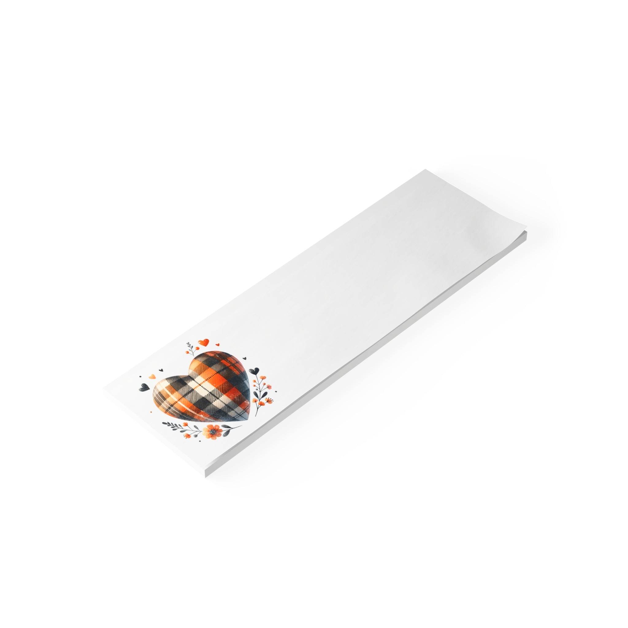 Printify eco-friendly note pads with heart-shaped plaid design and floral accents on white background
