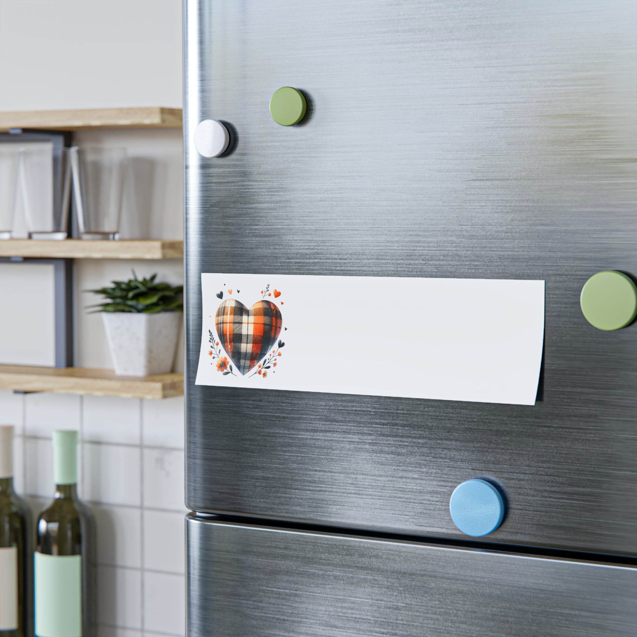 Printify eco-friendly note pads magnetically attached to silver refrigerator in modern kitchen