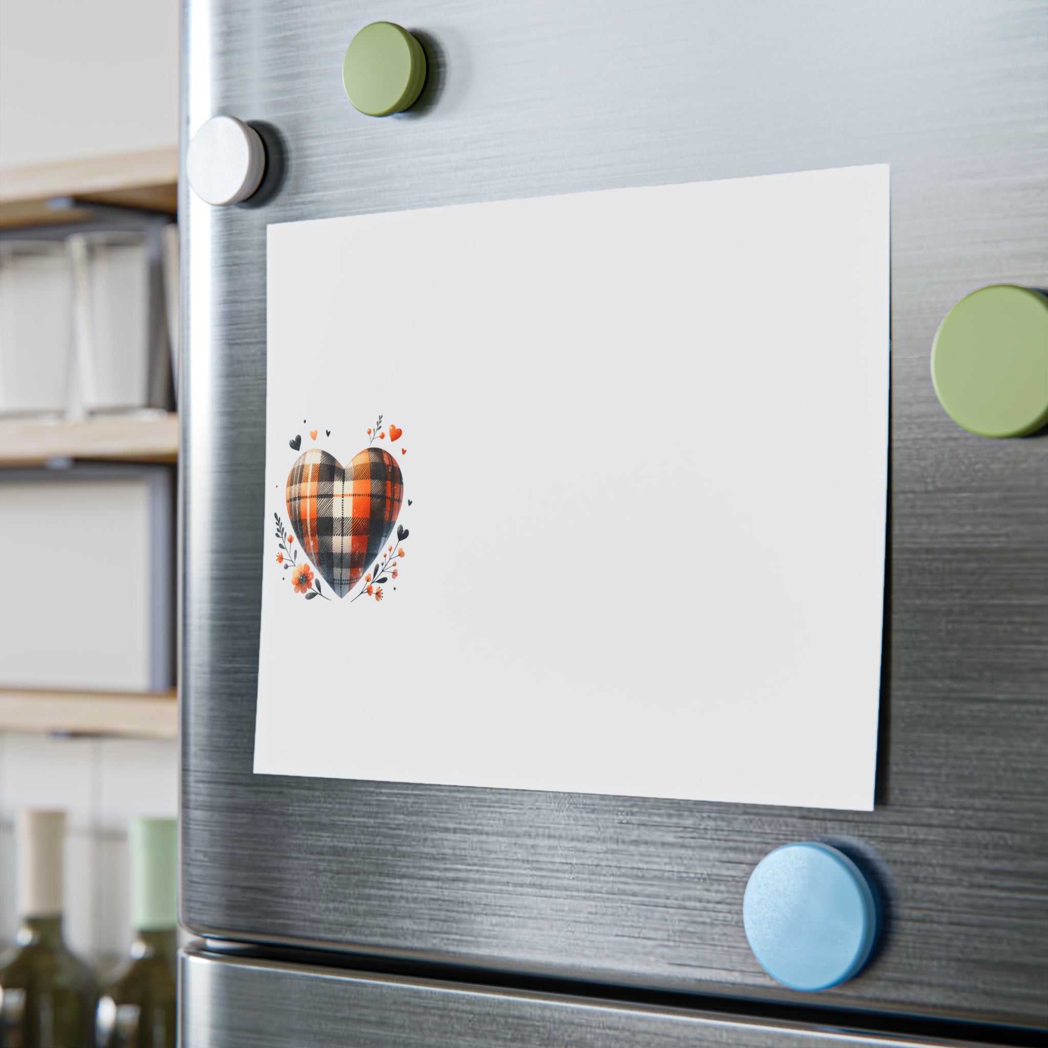 Eco-friendly note pads with heart design pinned on a stainless steel refrigerator door