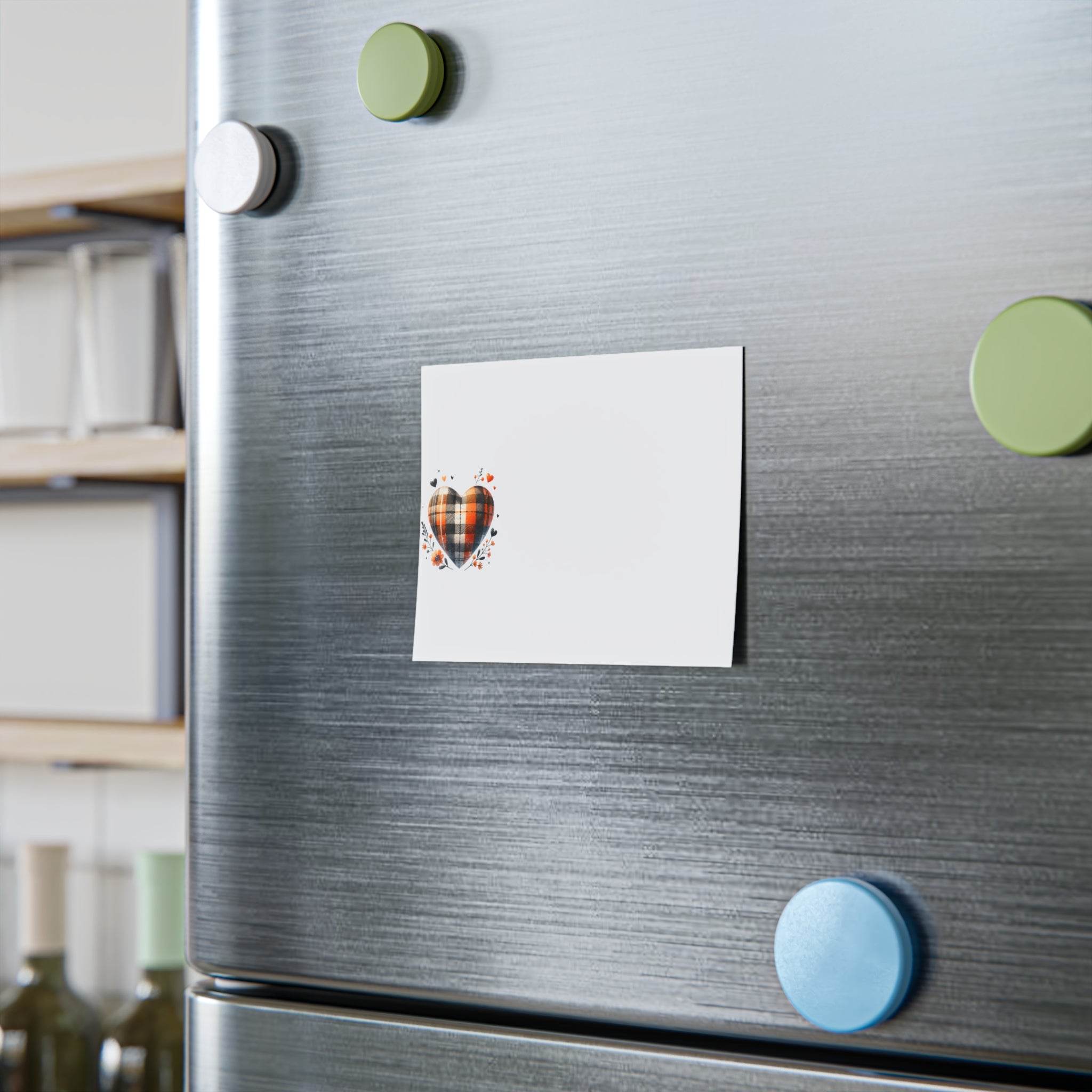 Eco-friendly note pads with heart design pinned on stainless steel refrigerator with colorful magnets