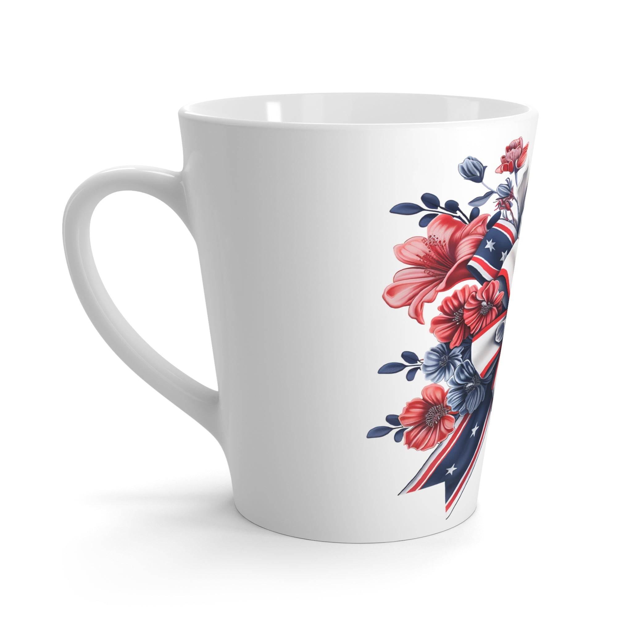 Printify eco-friendly patriotic latte mug with red and blue floral and flag design on white ceramic