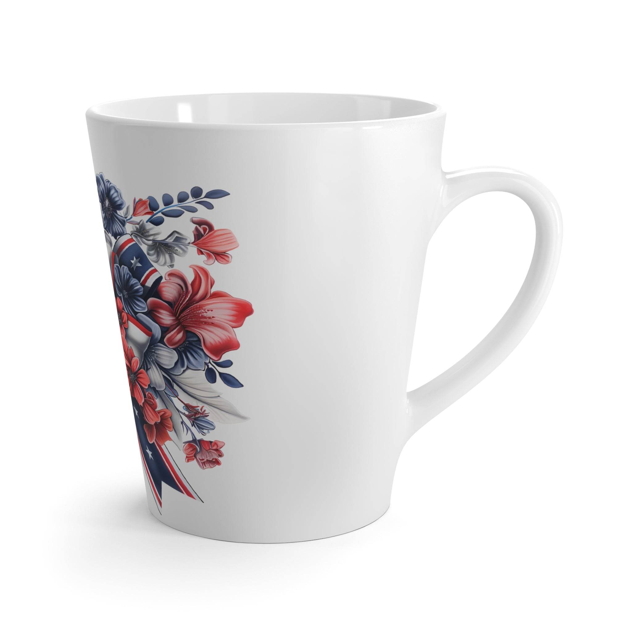 Printify eco-friendly patriotic latte mug with red white and blue floral design and comfortable handle
