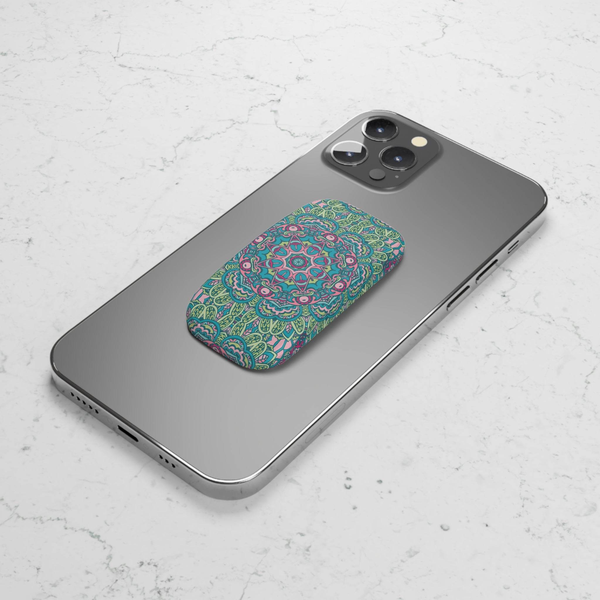 Printify eco-friendly phone grip with colorful mandala design attached to a gray smartphone