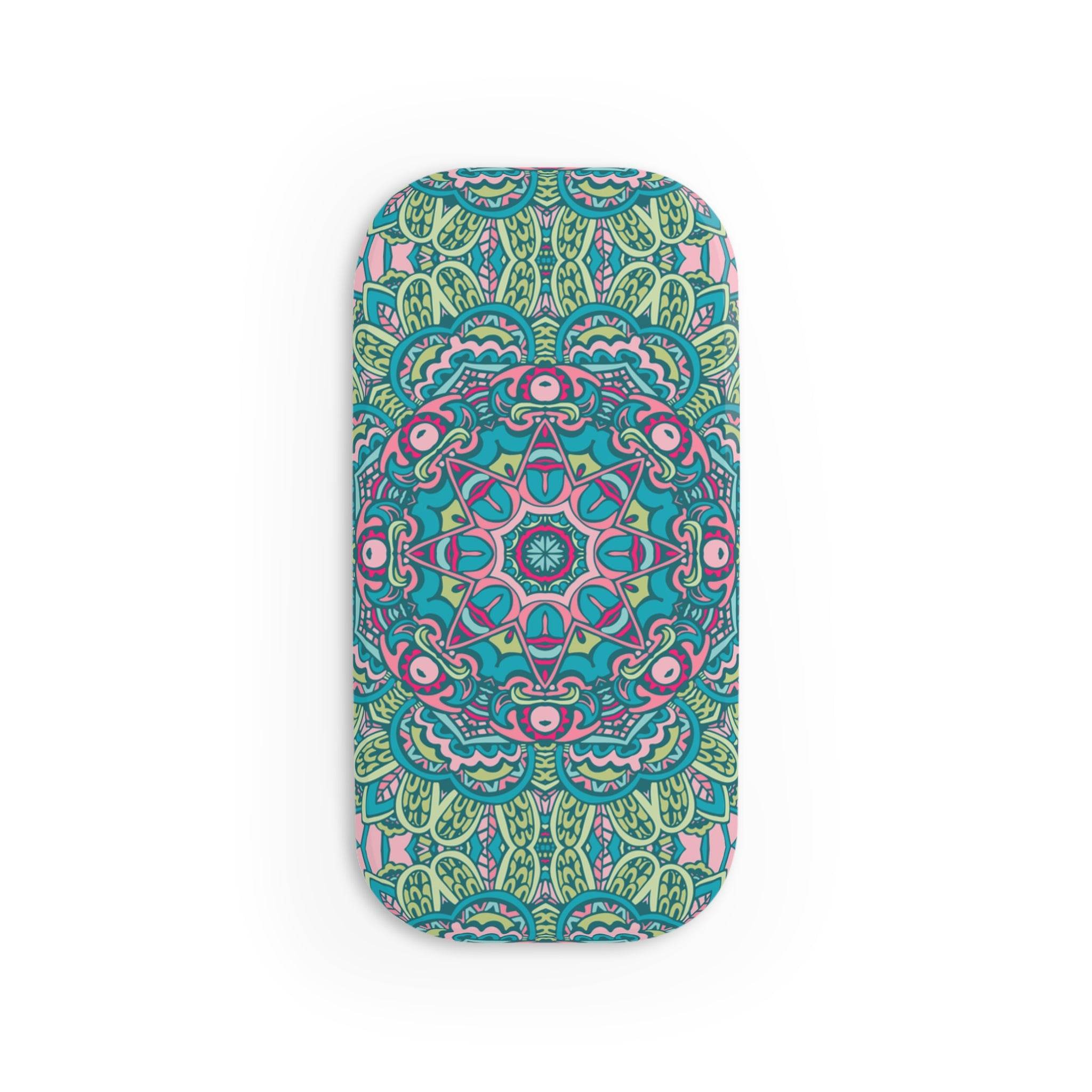 Printify eco-friendly phone grip with colorful intricate mandala design in green, blue, and pink tones