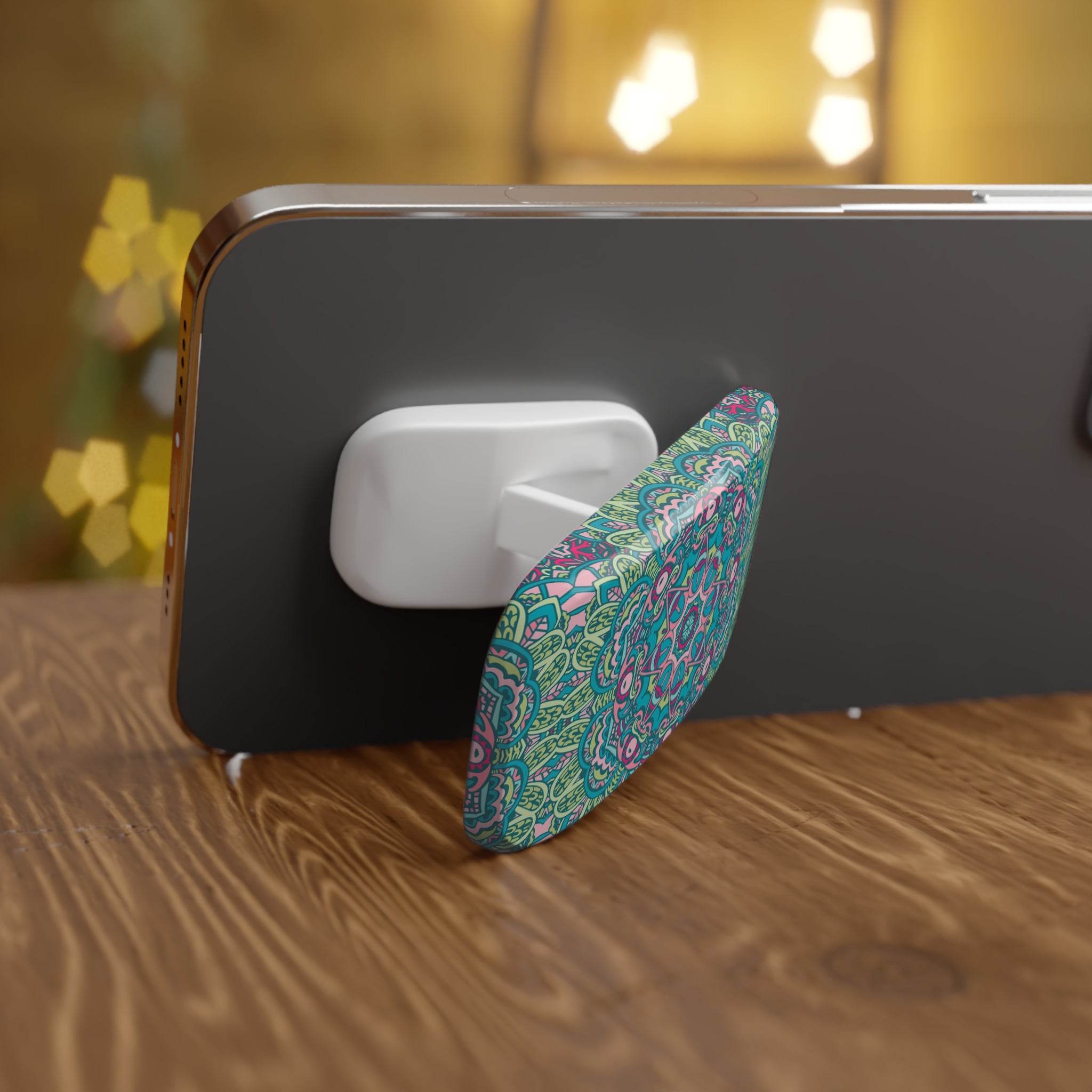 Printify eco-friendly phone grip with colorful floral pattern attached to the back of a smartphone