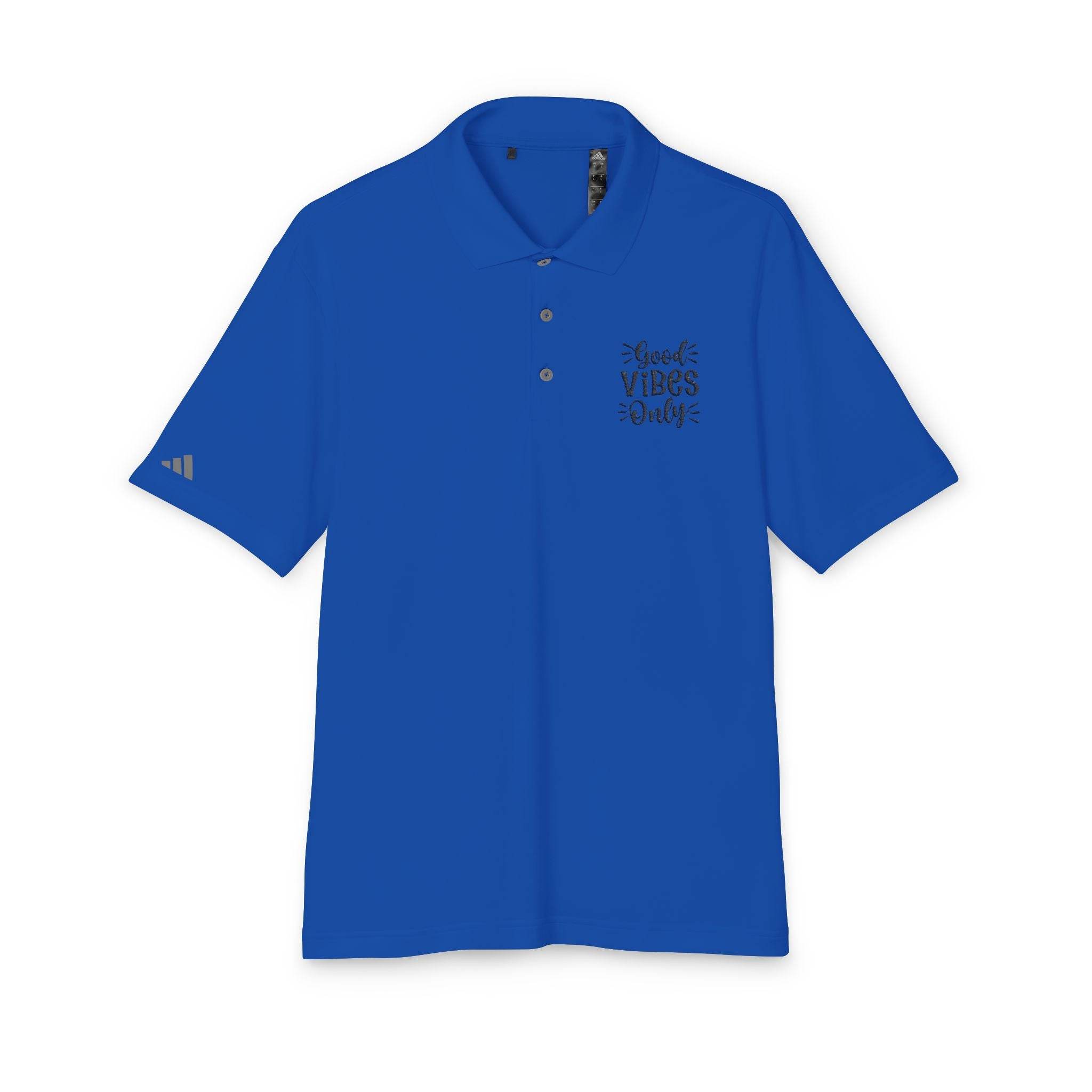 Blue eco-friendly polo shirt from Printify with Good Vibes Only text on chest