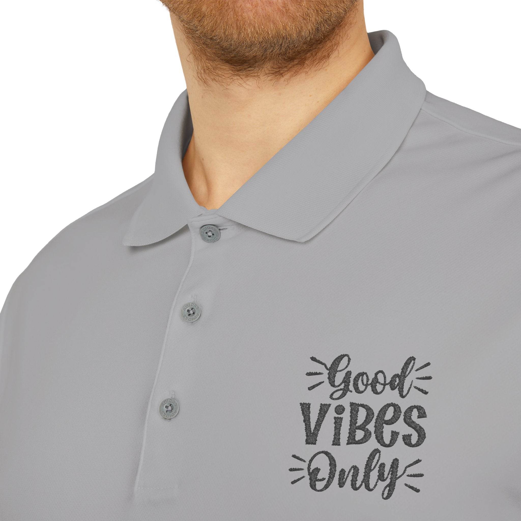 Printify gray eco-friendly polo shirt with Good Vibes Only text design on chest