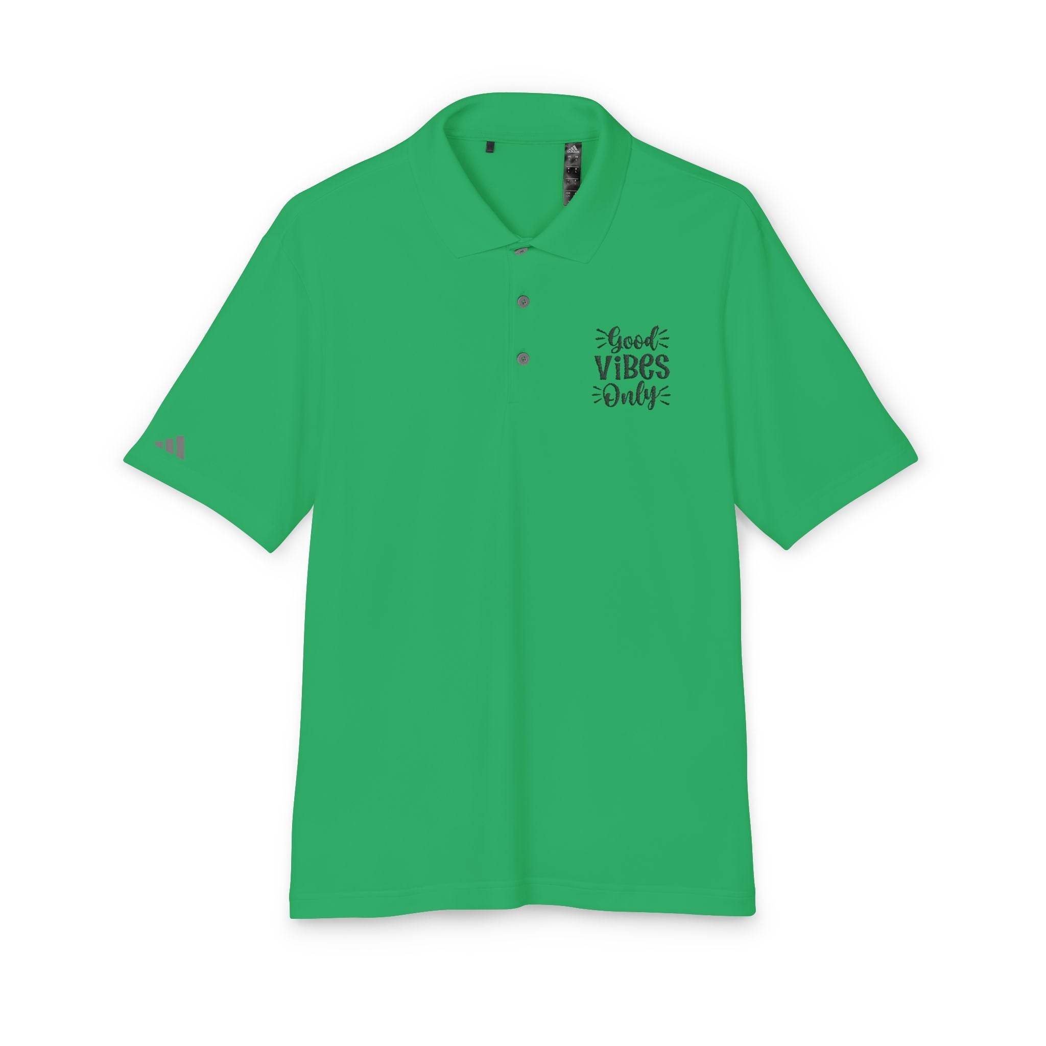 Green eco-friendly polo shirt with Good Vibes Only text and collar from Printify