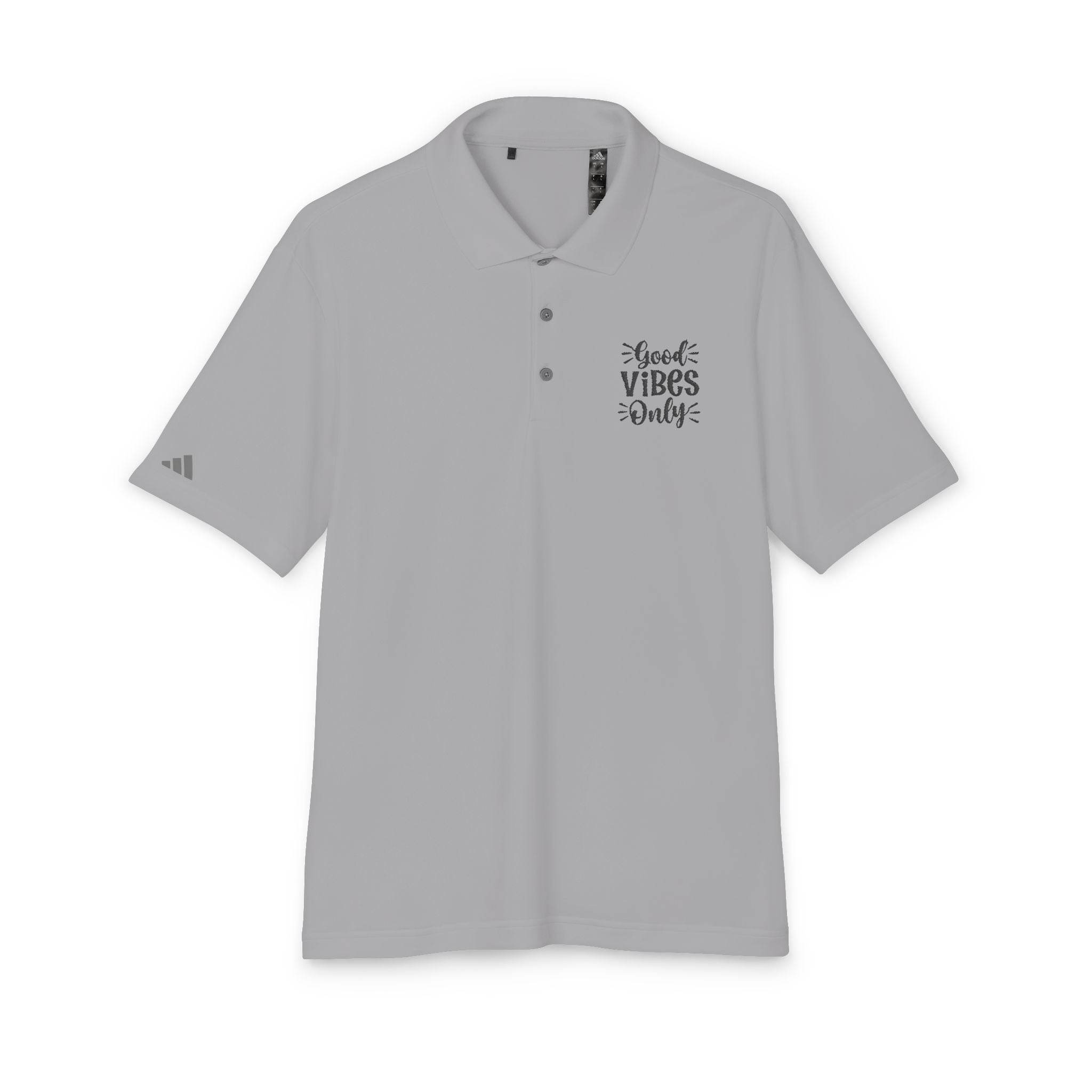 Printify eco-friendly polo shirt in light gray with good vibes only text design on chest