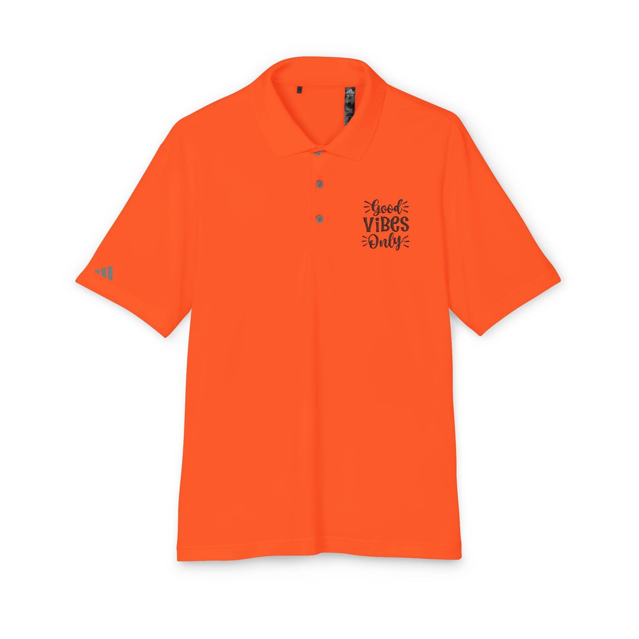 Orange eco-friendly polo shirt with Good Vibes Only text printed on the chest by Printify