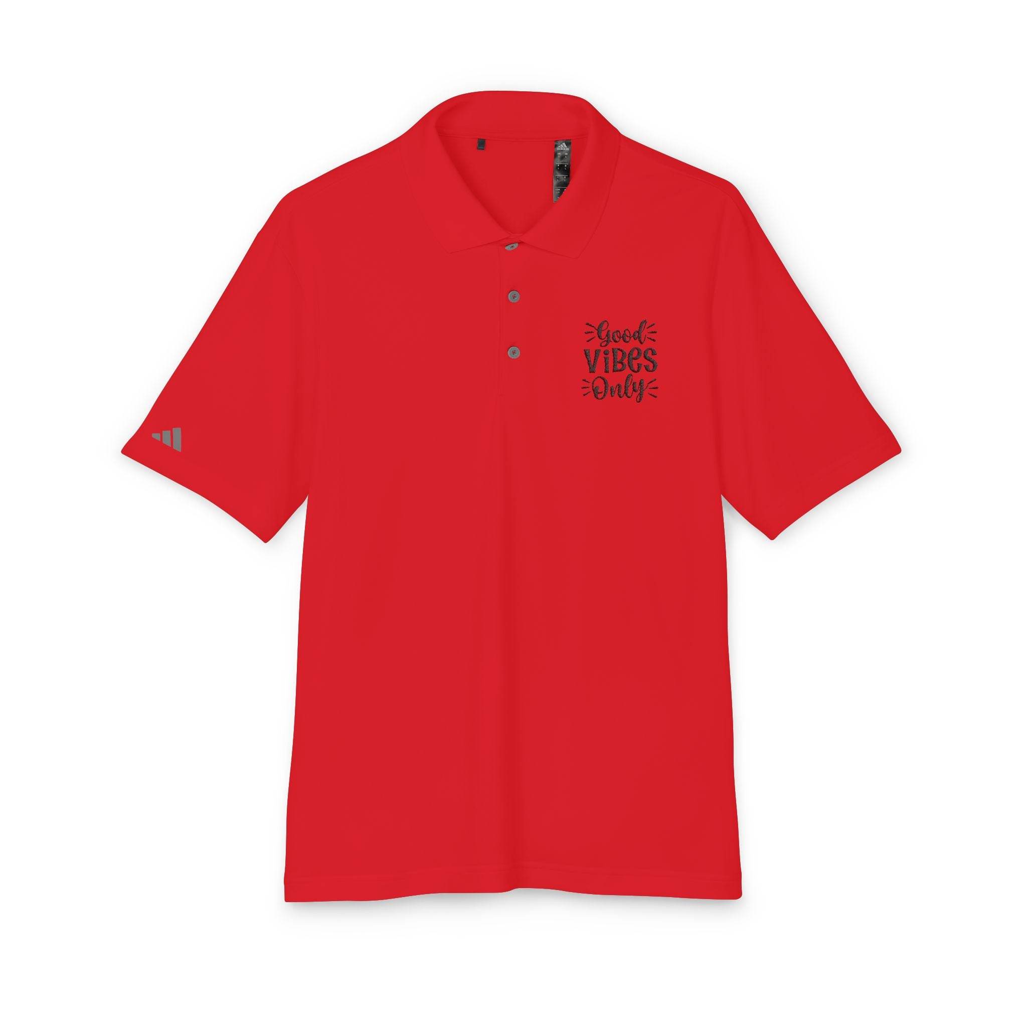 Red eco-friendly polo shirt by Printify with Good Vibes Only text on chest