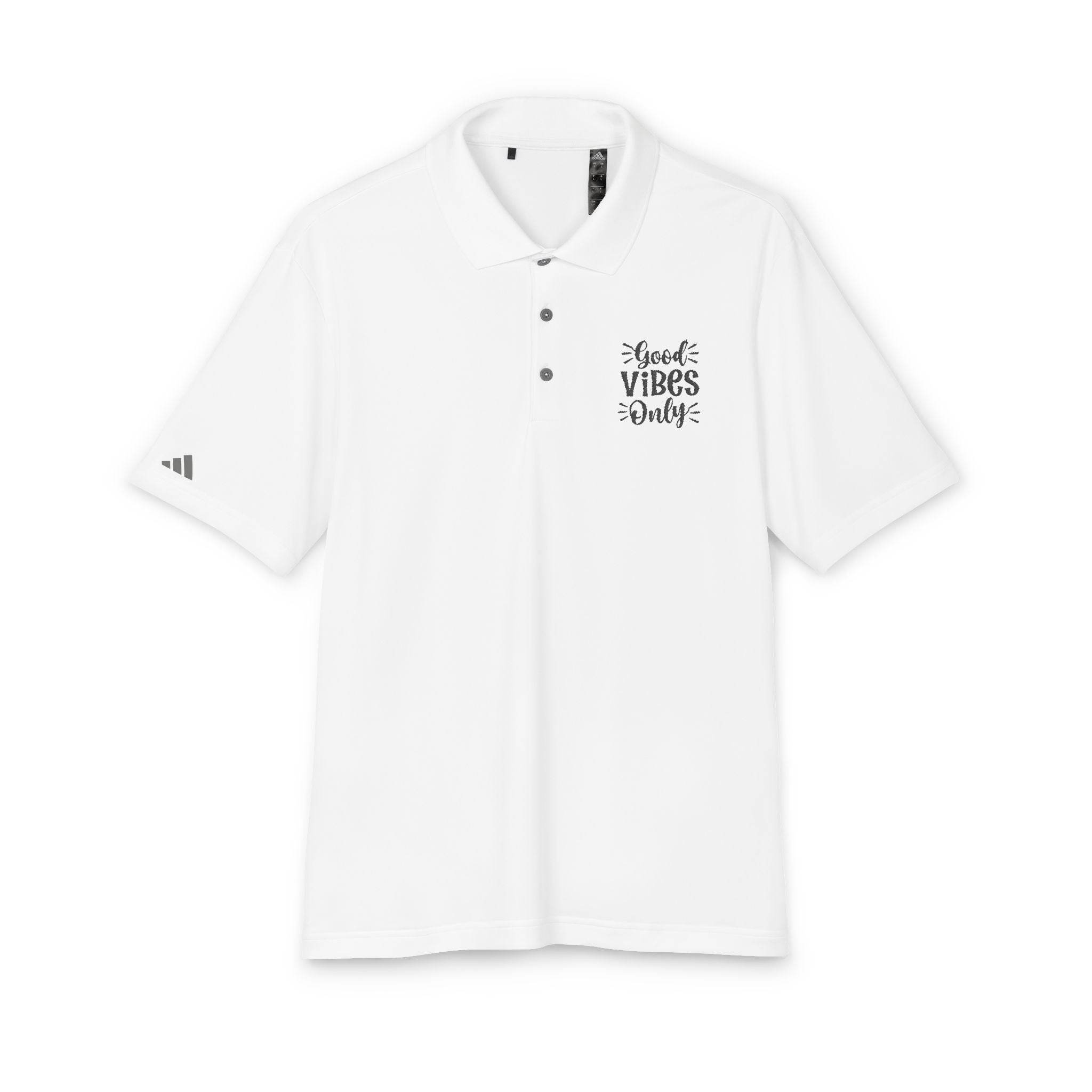 White eco-friendly polo shirt from Printify with Good Vibes Only text on chest and button-up collar