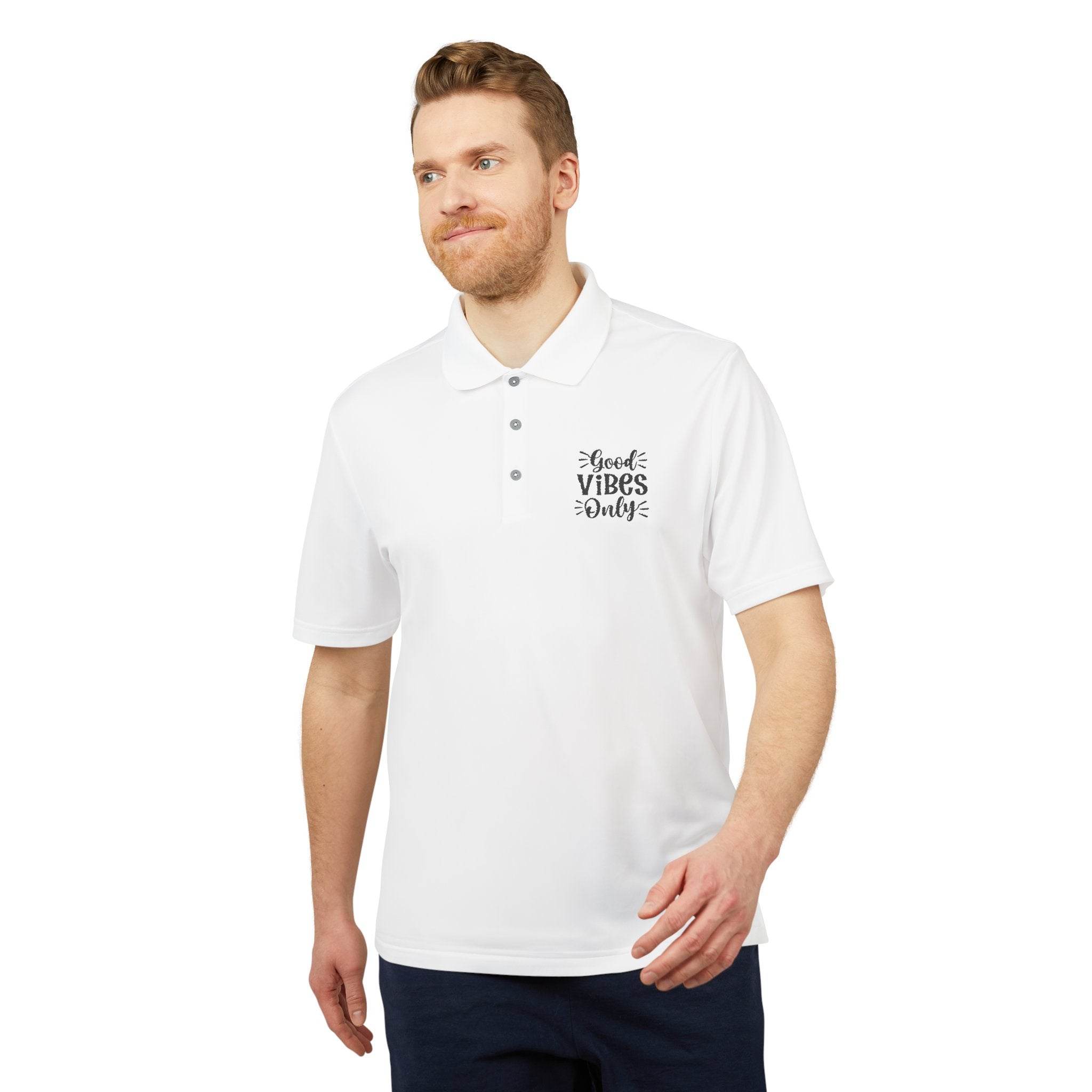 Printify white eco-friendly polo shirt with Good Vibes Only graphic worn by male model