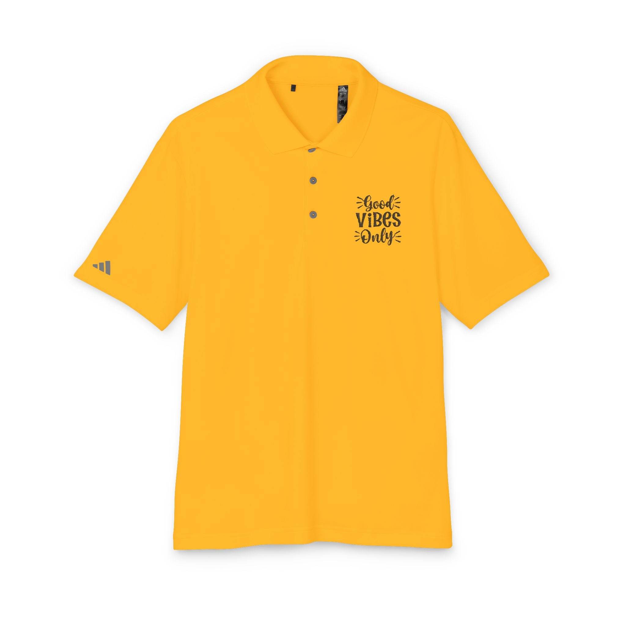 Yellow eco-friendly polo shirt with Good Vibes Only text print from Printify