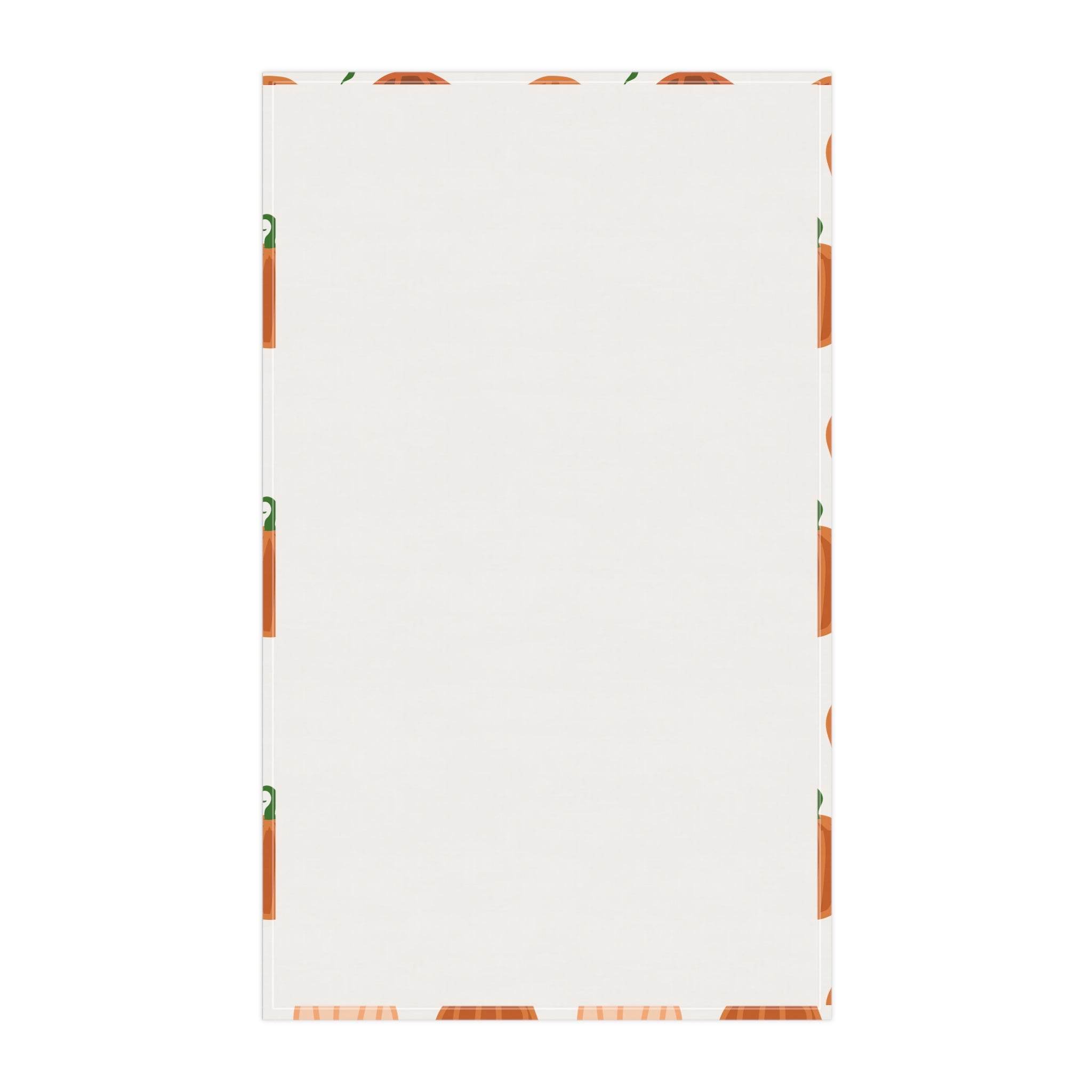 Printify eco-friendly pumpkin tea towels with subtle pumpkin pattern border on white fabric