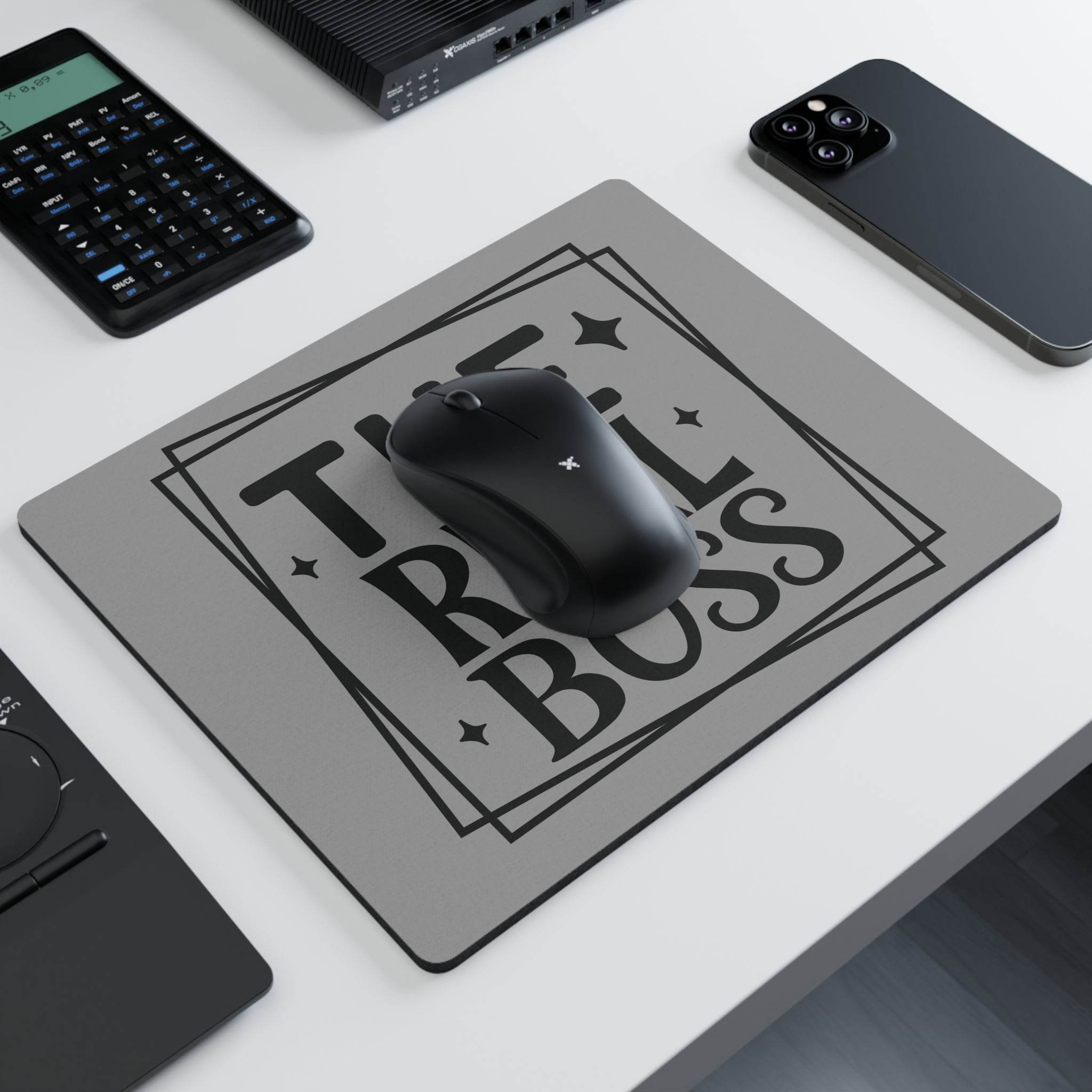 Printify eco-friendly rectangular mouse pad with total boss design and black wireless mouse on gray surface