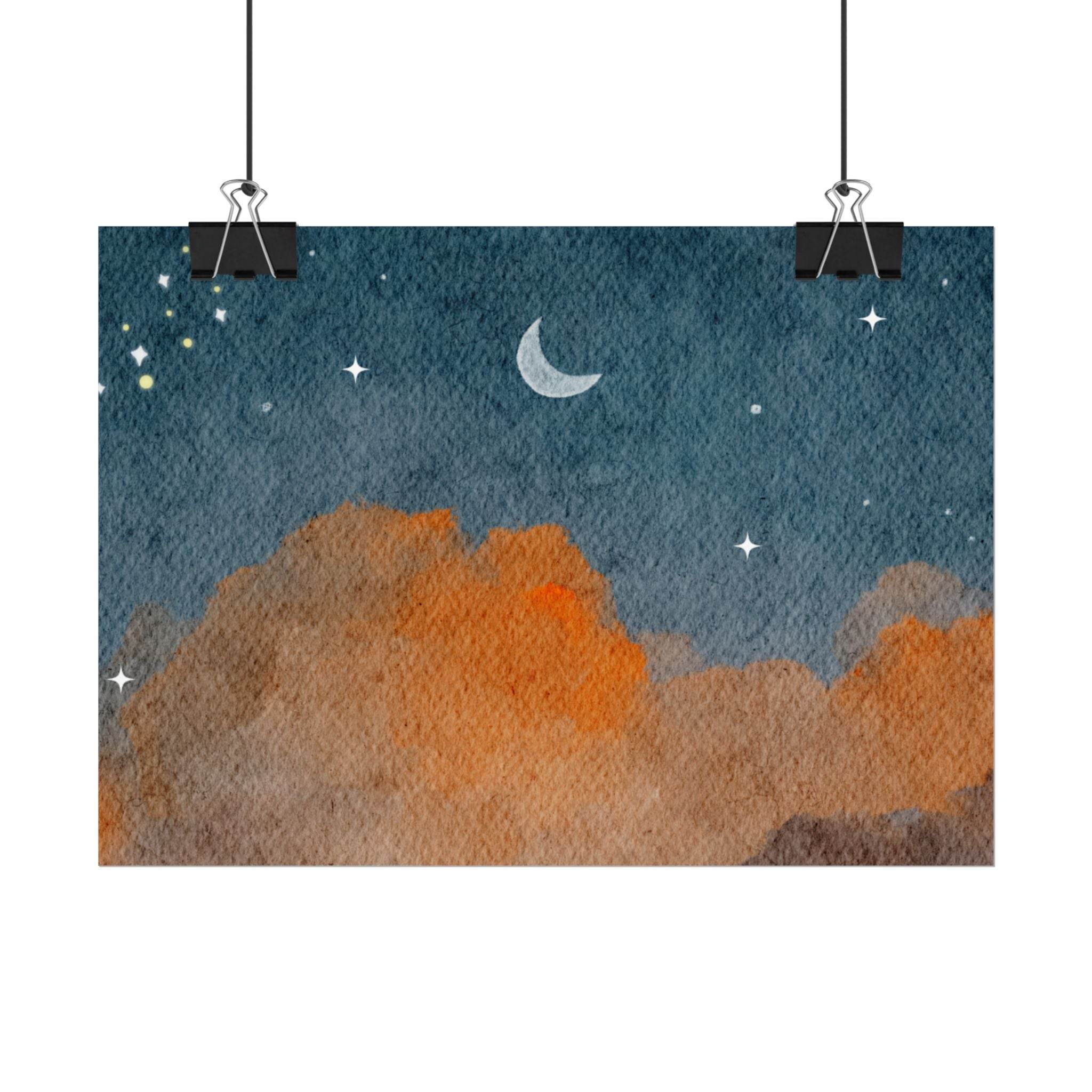Printify eco-friendly rolled posters featuring a watercolor night sky with stars moon and orange clouds