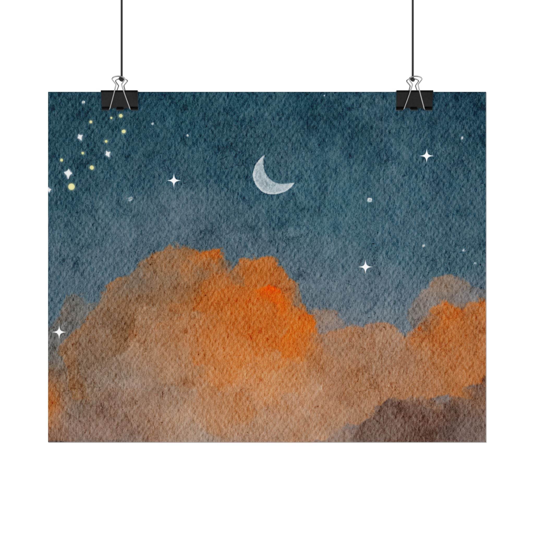 Printify eco-friendly rolled posters featuring a night sky with stars and orange clouds watercolor design