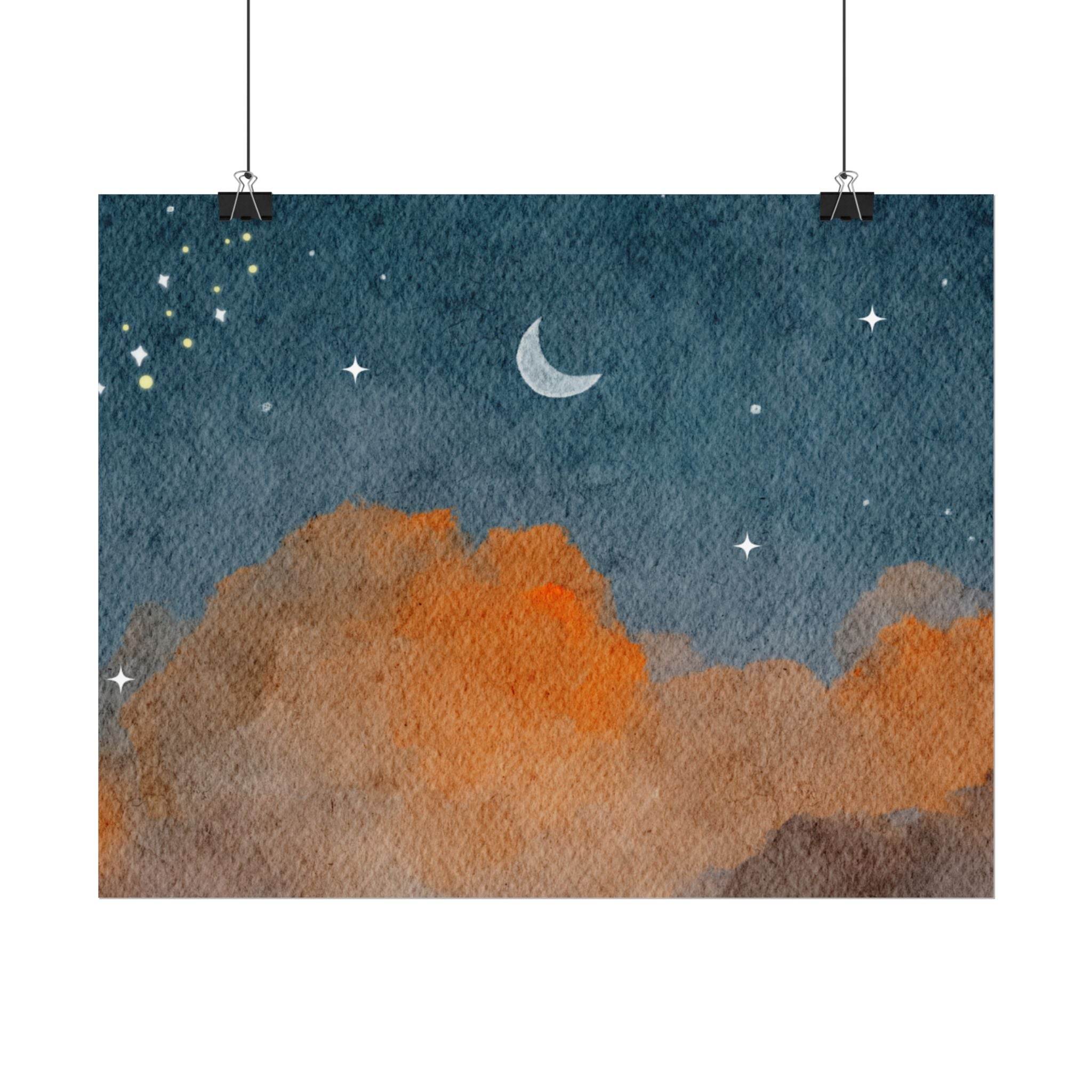Printify eco-friendly rolled posters featuring a watercolor night sky with moon and stars
