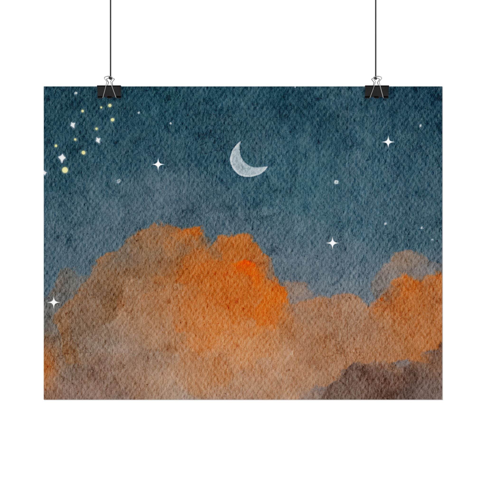 Printify eco-friendly rolled posters featuring a night sky with stars crescent moon and orange clouds