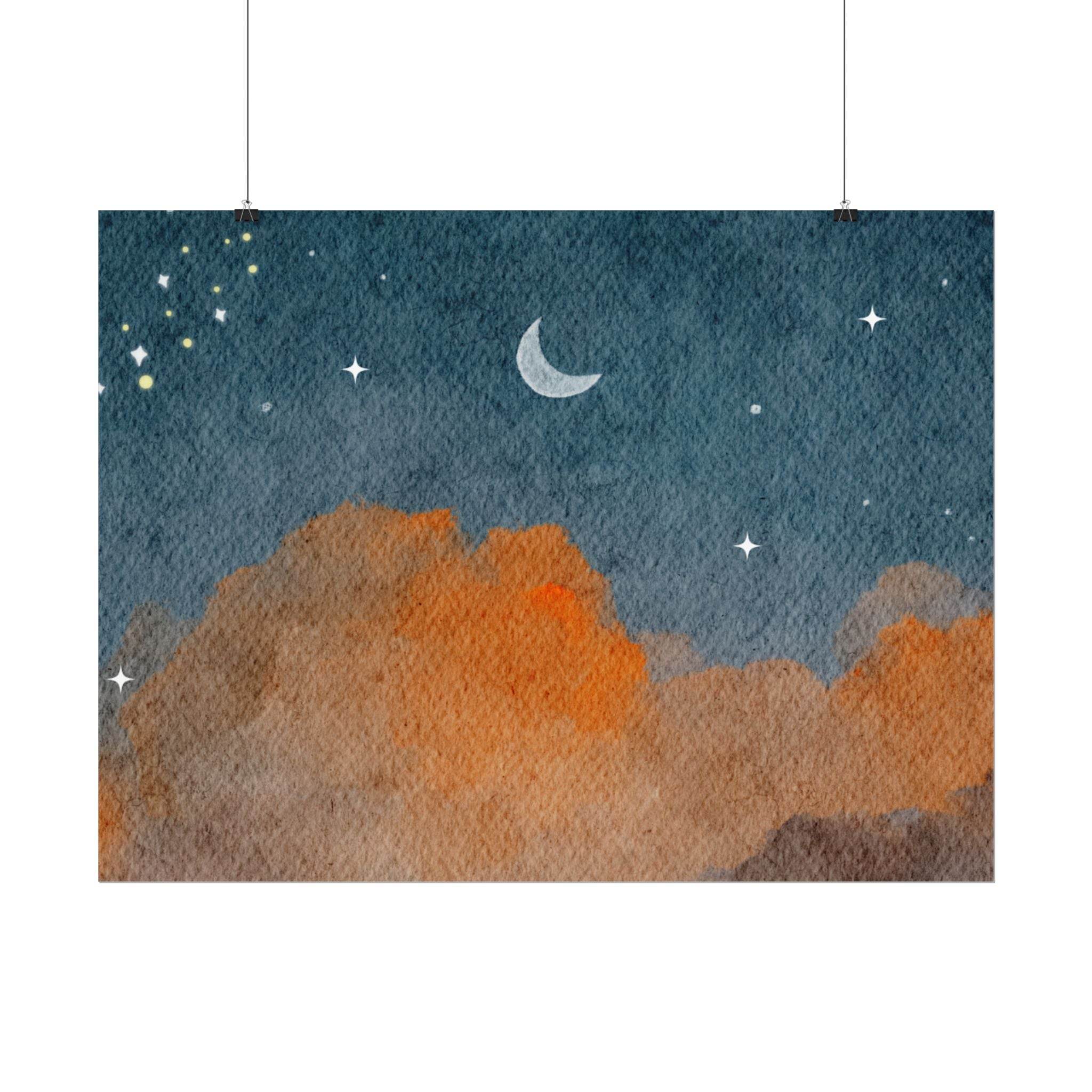 Printify eco-friendly rolled posters featuring a watercolor night sky with moon and orange clouds