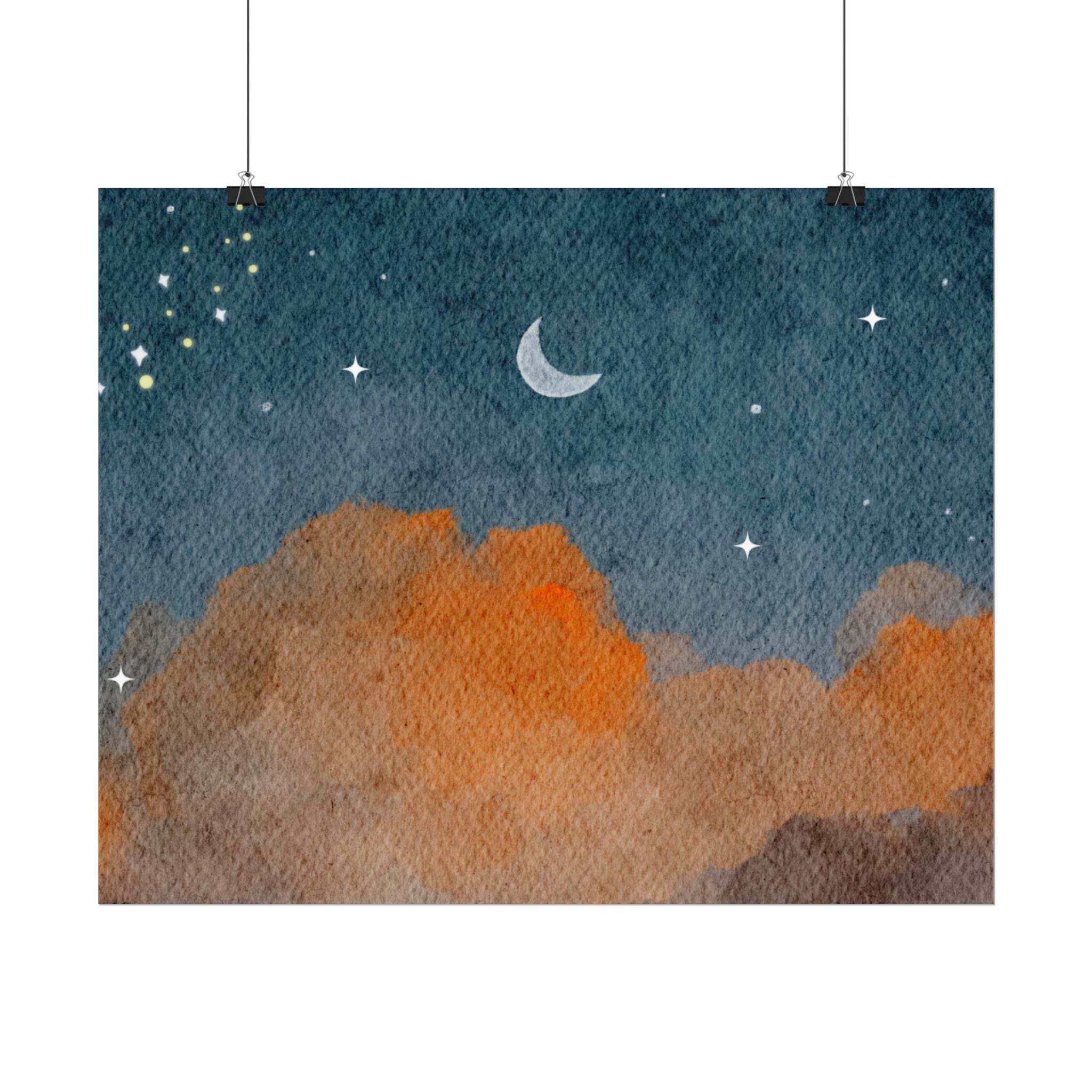 Eco-friendly rolled posters by Printify featuring a watercolor night sky with crescent moon and orange clouds