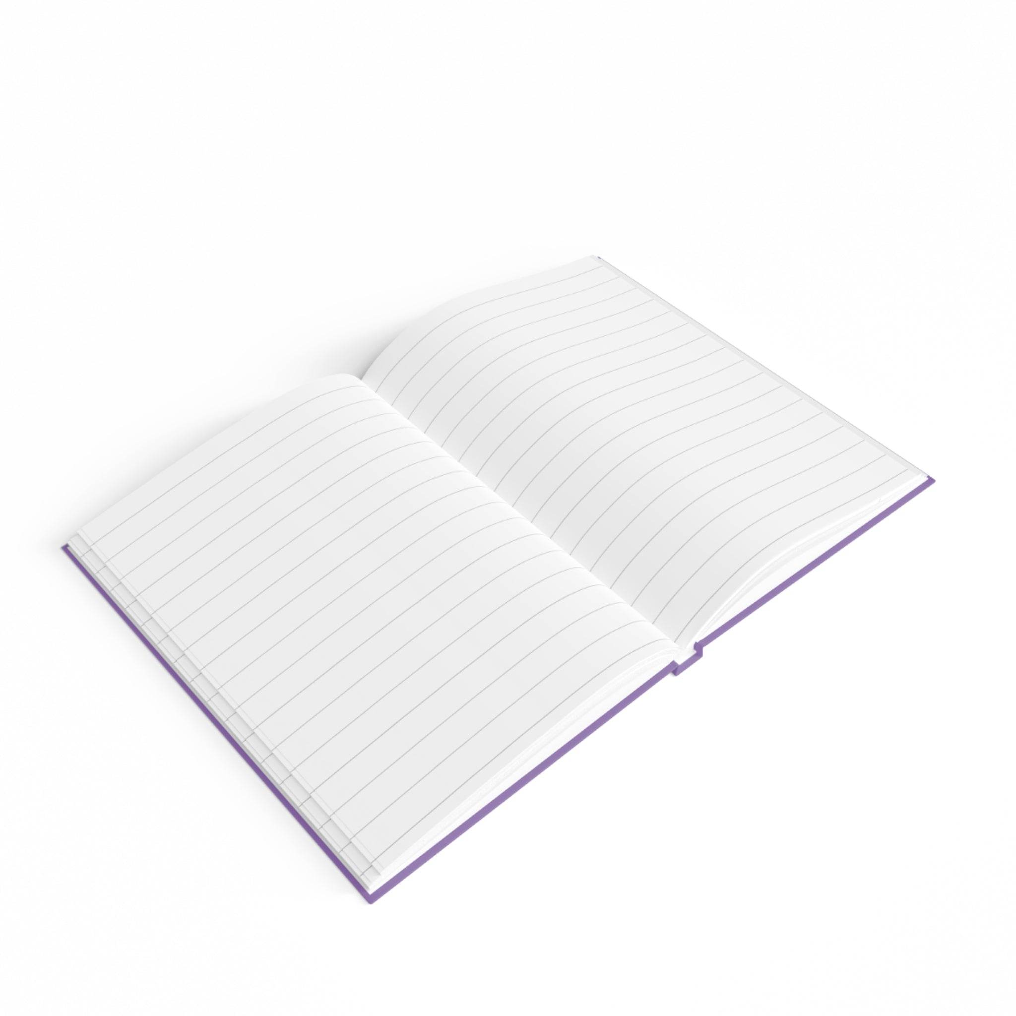 Open eco-friendly ruled journal with purple cover and lined white pages by Printify