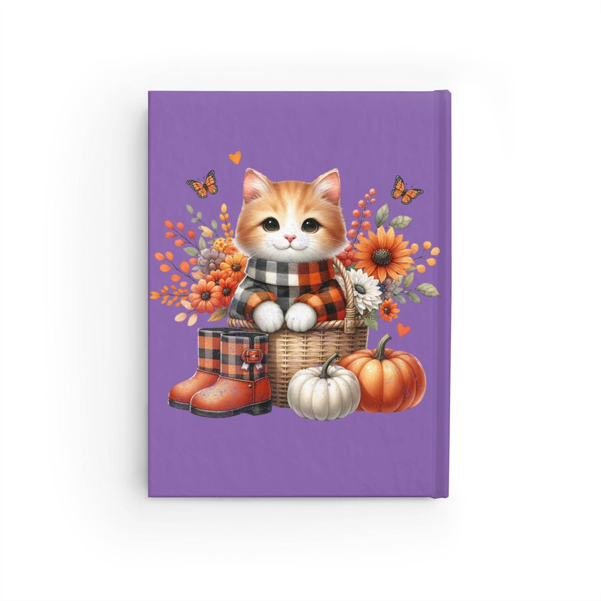 Printify eco-friendly ruled journal with purple cover featuring a cute cat, pumpkins, and autumn flowers